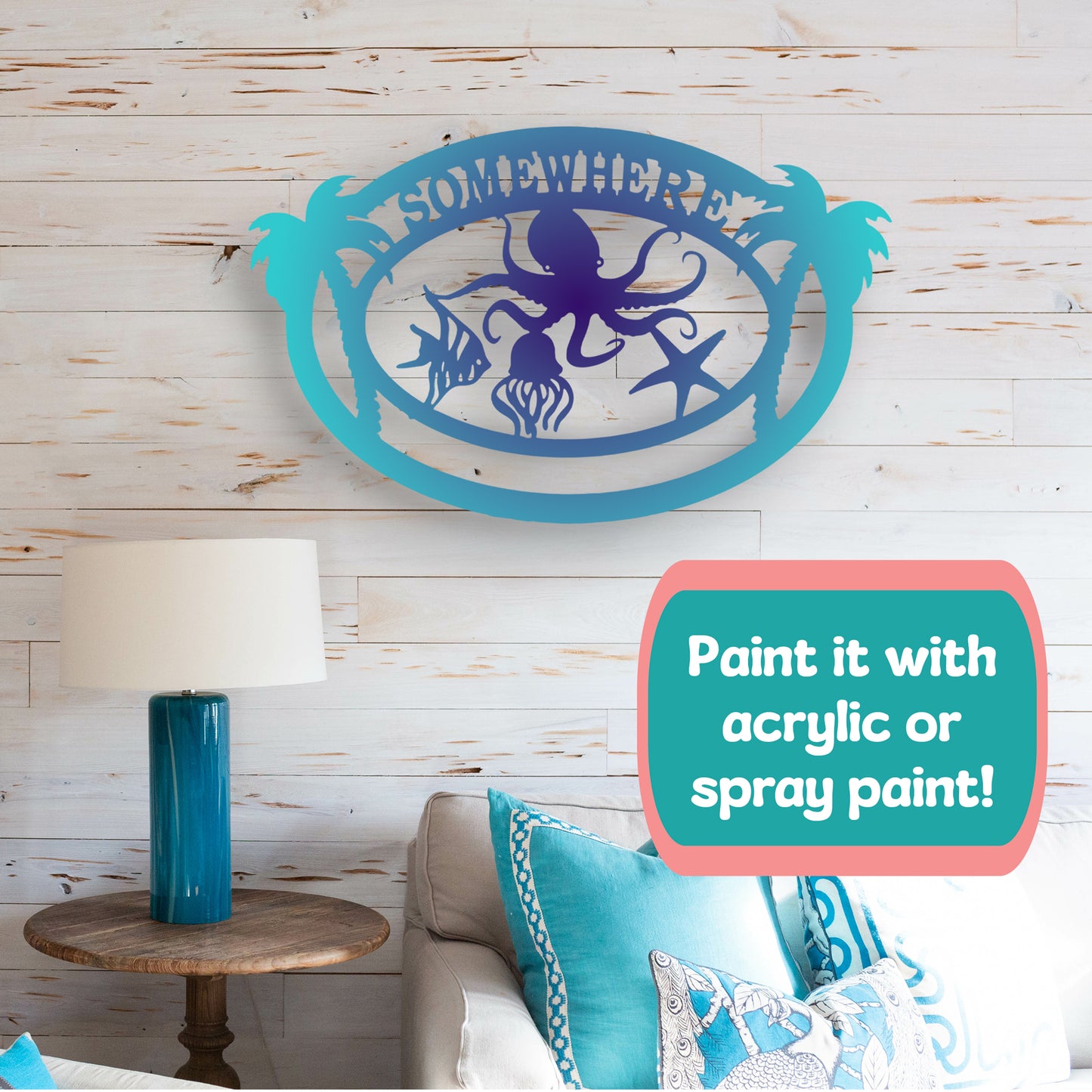 Coastal Beach House Decor, Somewhere Outdoor PVC Wall Art with Octopus Palm Trees Sea Life, Nautical Decoration for Home, Garage, or Shed, 3 Foot