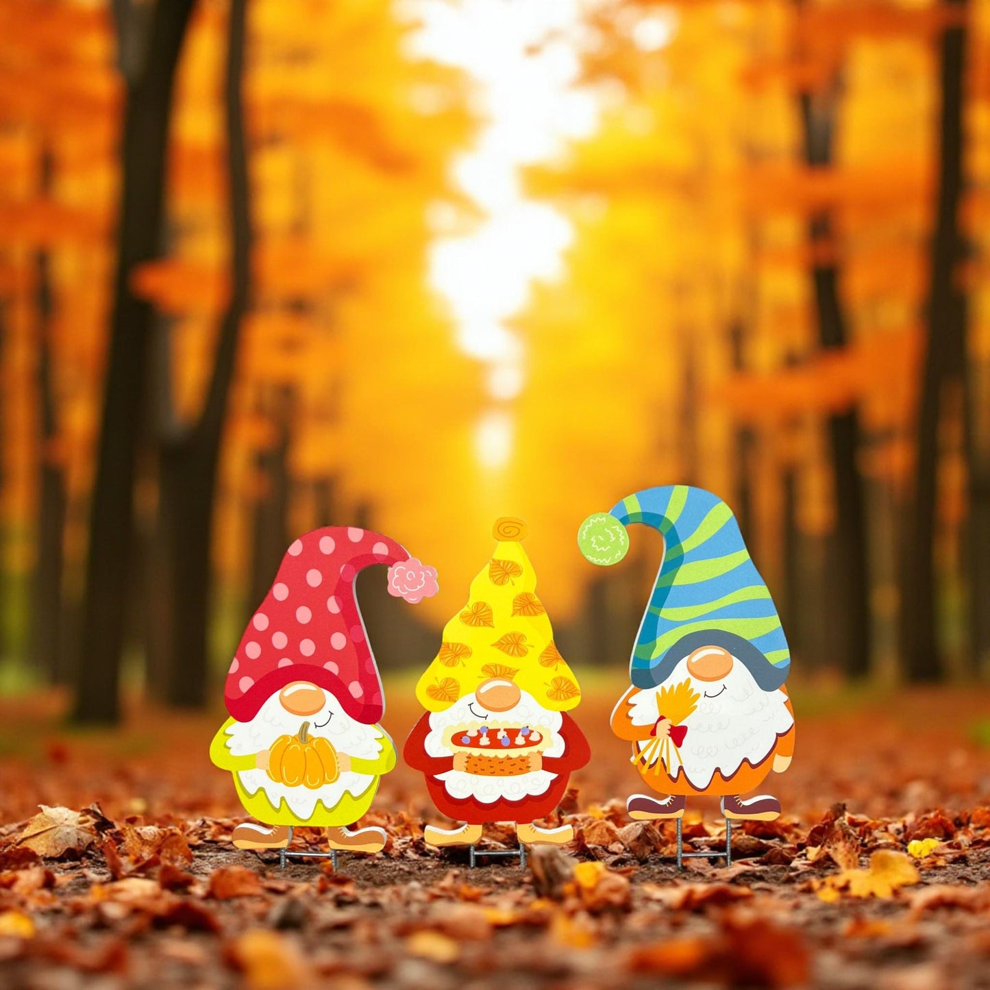 Fall Gnome Yard Stakes Set: PVC Autumn Porch Decor - Outdoor Fall Decorations - Made in USA