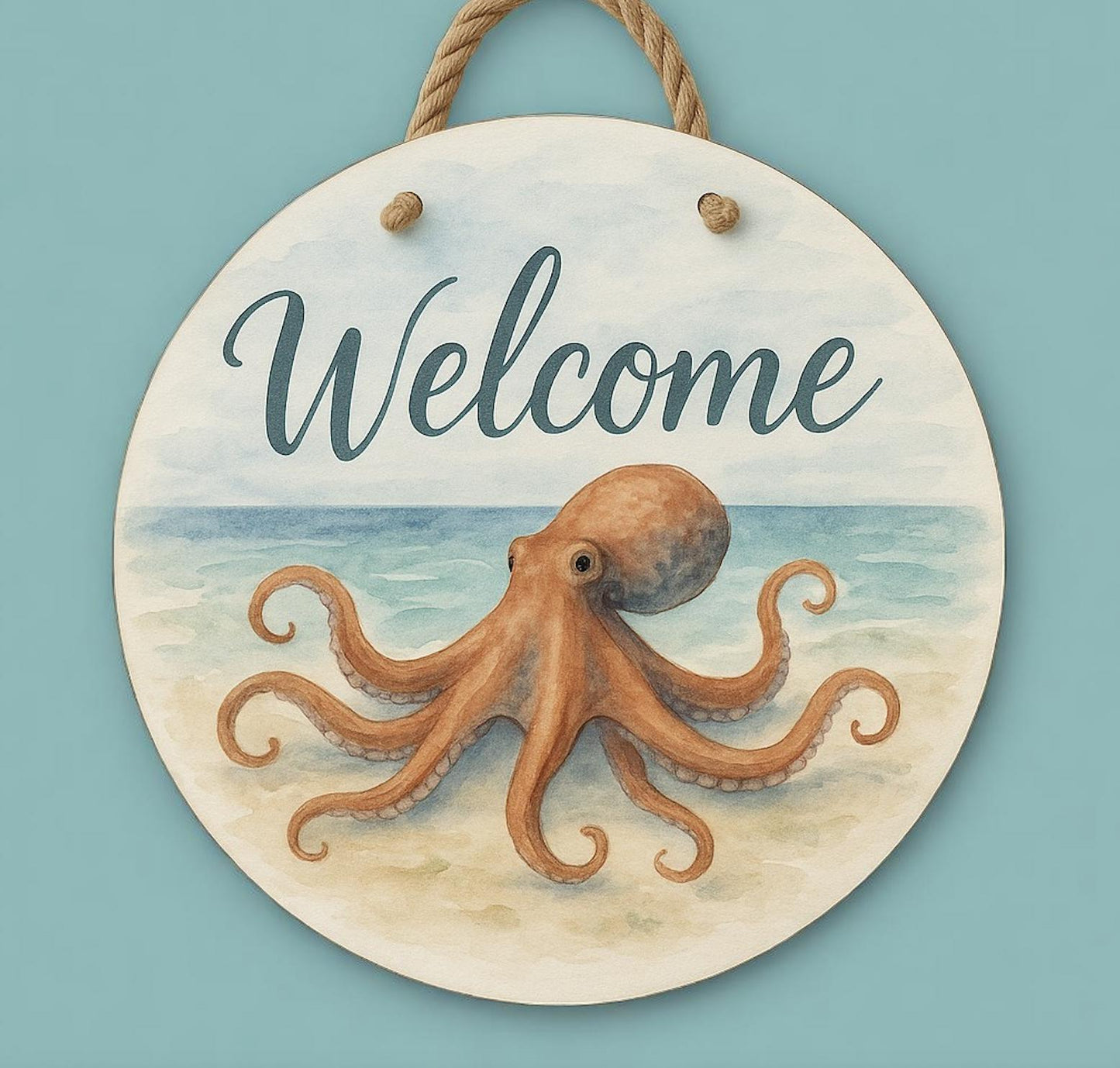 Octopus Welcome Door Hanger – 16" Round Nautical Beach Decor – Coastal PVC Sign with Rope – Outdoor Ocean Porch Wall Art