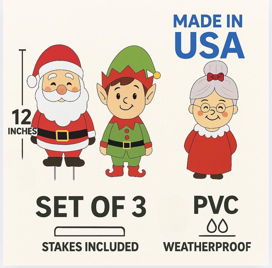 Christmas Yard Stakes Set of 3 – 12” Santa, Elf & Mrs. Claus, Outdoor Holiday Lawn Decorations, Weatherproof PVC