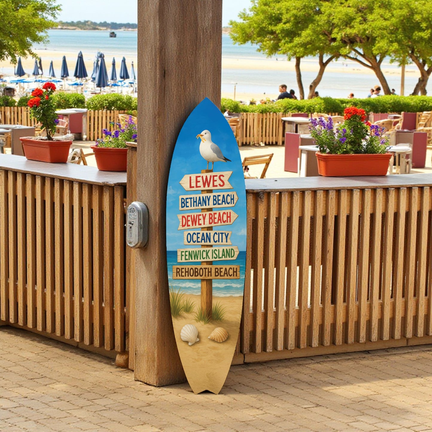 Delaware Beaches Surfboard Wall Art – Coastal Directional Sign with Lewes, Rehoboth, Bethany, Dewey, Fenwick & Ocean City, Nautical Beach