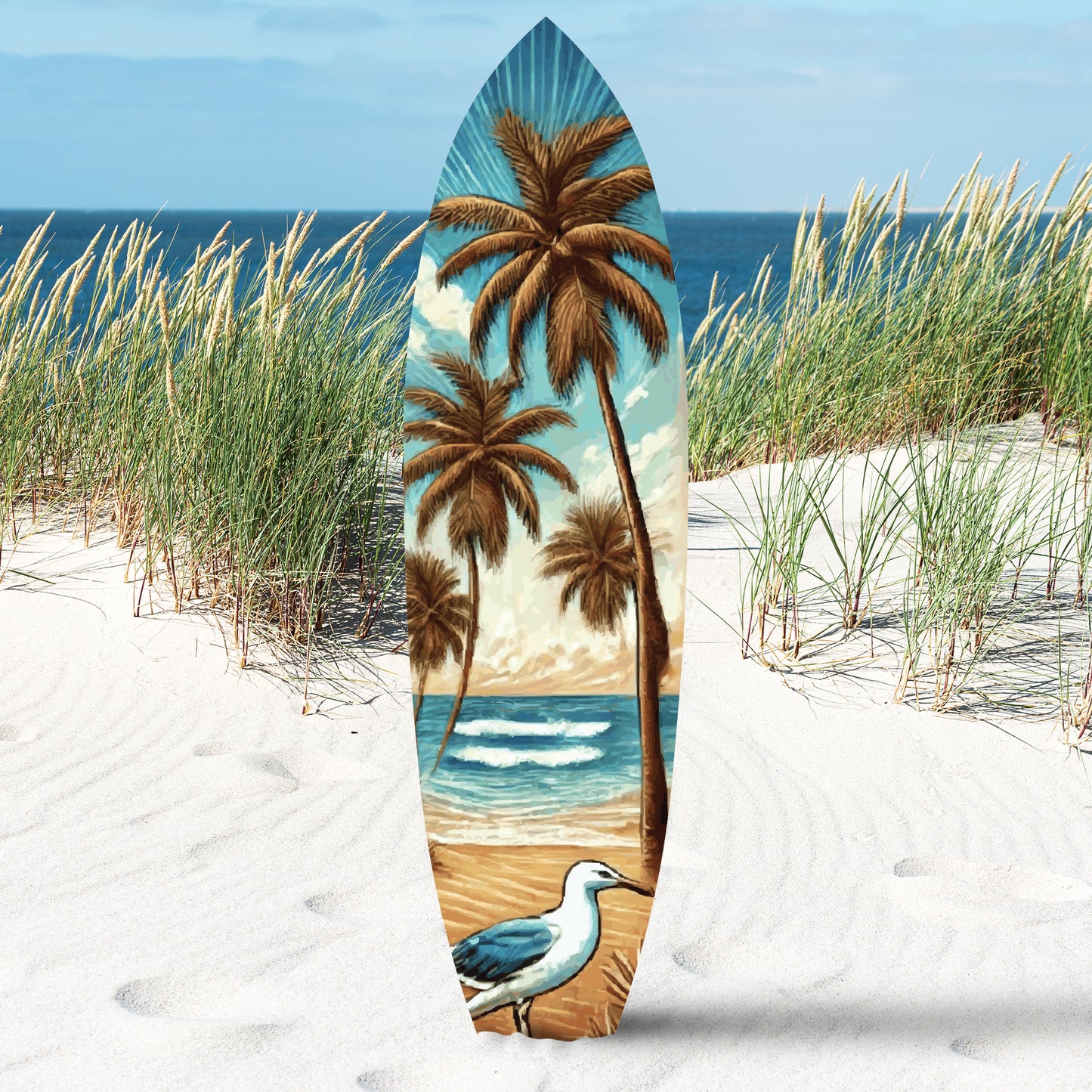 Outdoor Tropical Surfboard Wall Art, Palm Trees and Bird, Surfboard Sign, Beach House Curb Appeal, Weather Resistant PVC, 3 - 5 Feet