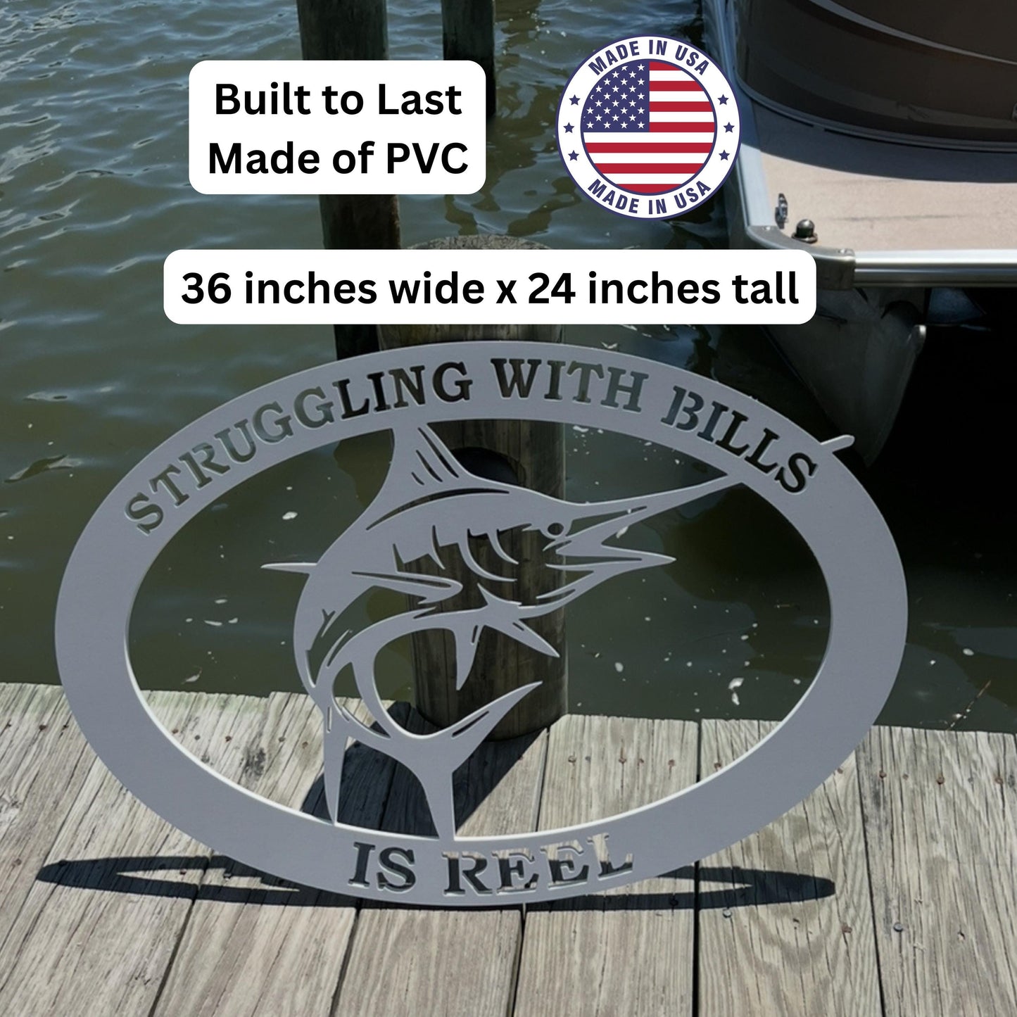 Marlin Billfish Wall Sign – Coastal PVC Nautical Decor, 36x24 Inch Outdoor Beach House Art, Sport Fishing Ocean Theme Sign
