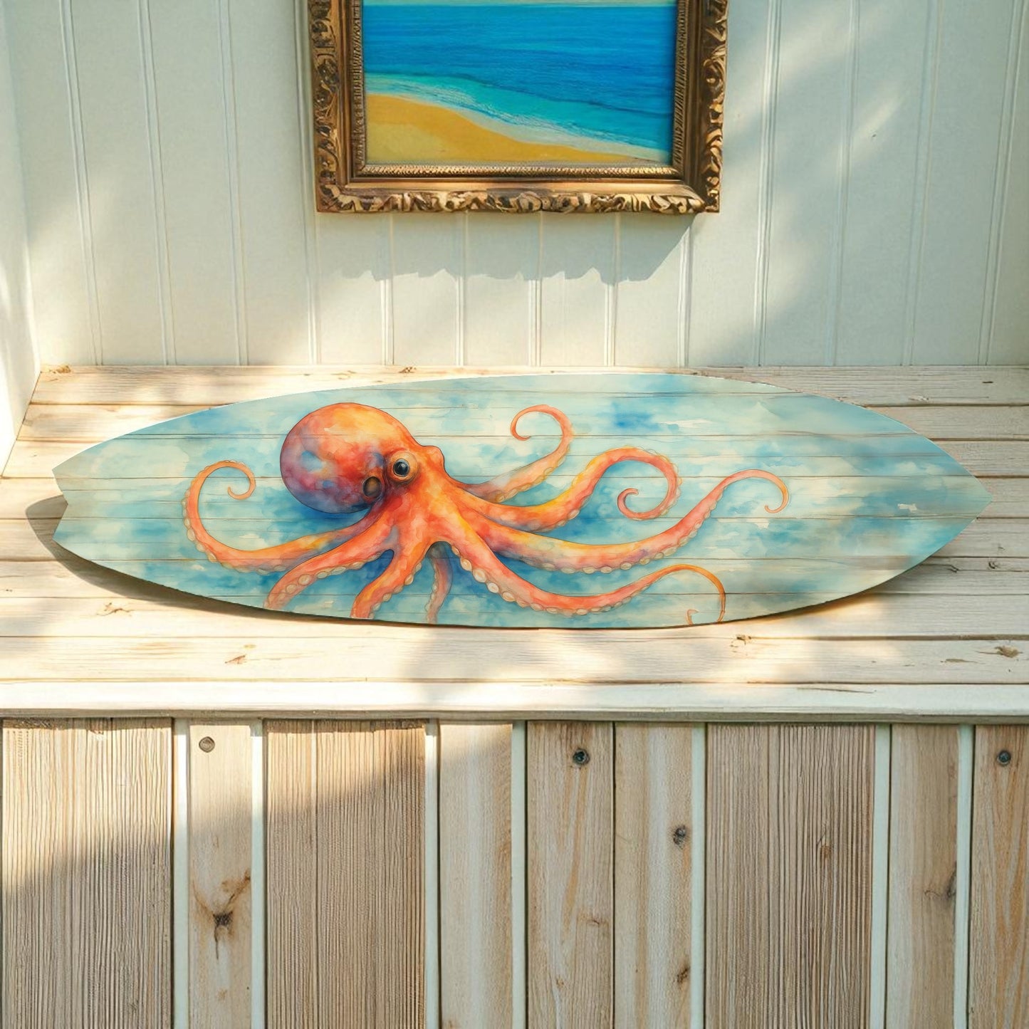 Octopus Surfboard Wall Art – Coastal Nautical Decor, PVC Outdoor Beach Sign, Ocean Lover Gift, Octopus Decoration, 3 - 5 Feet