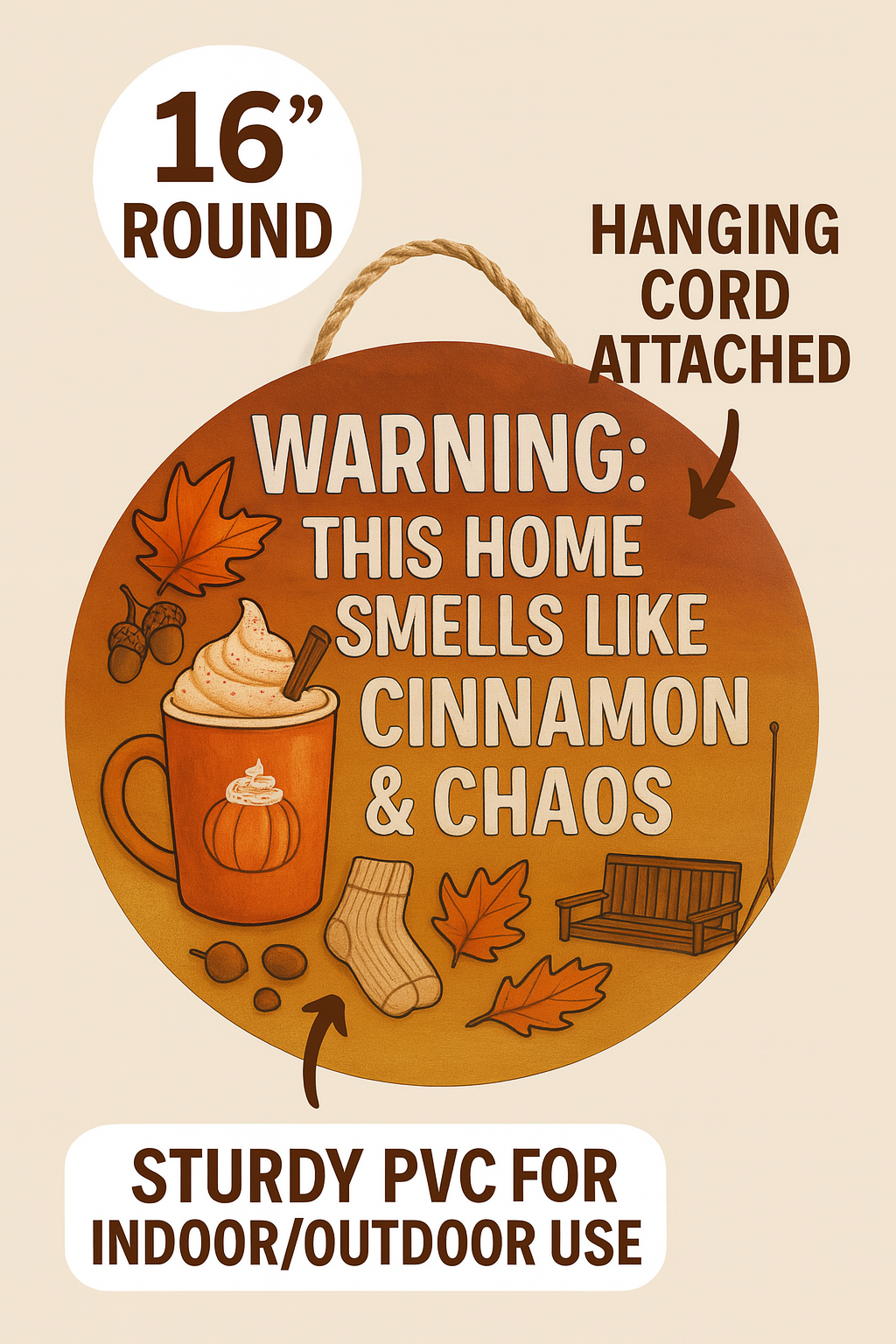 Cinnamon & Chaos Fall Front Door Welcome Sign – Autumn Porch Decor, Outdoor Weather-Resistant PVC Decoration, 16 Inch