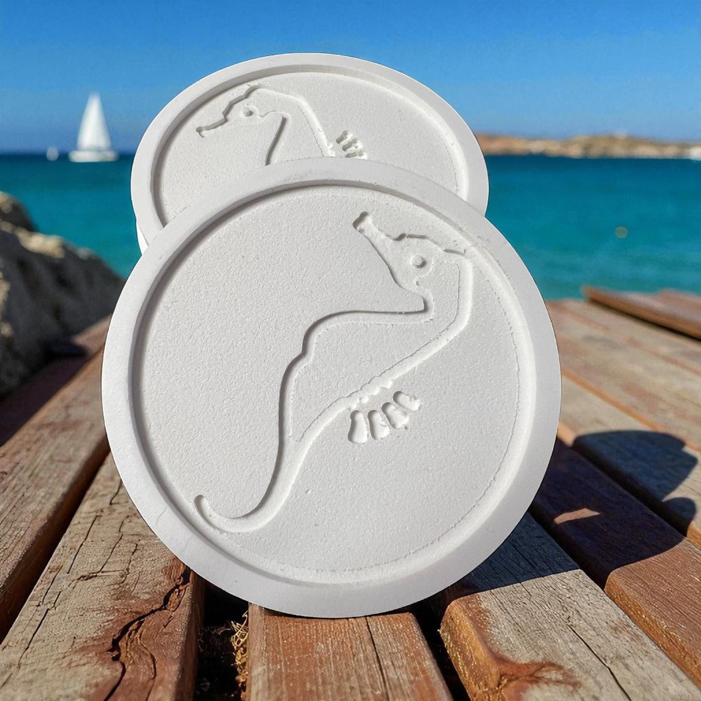 Seahorse Coasters Set of 4 – Indoor Outdoor PVC Coasters, Carved Seahorse Design, Coastal Beach House Decor, Nautical Drink Coasters