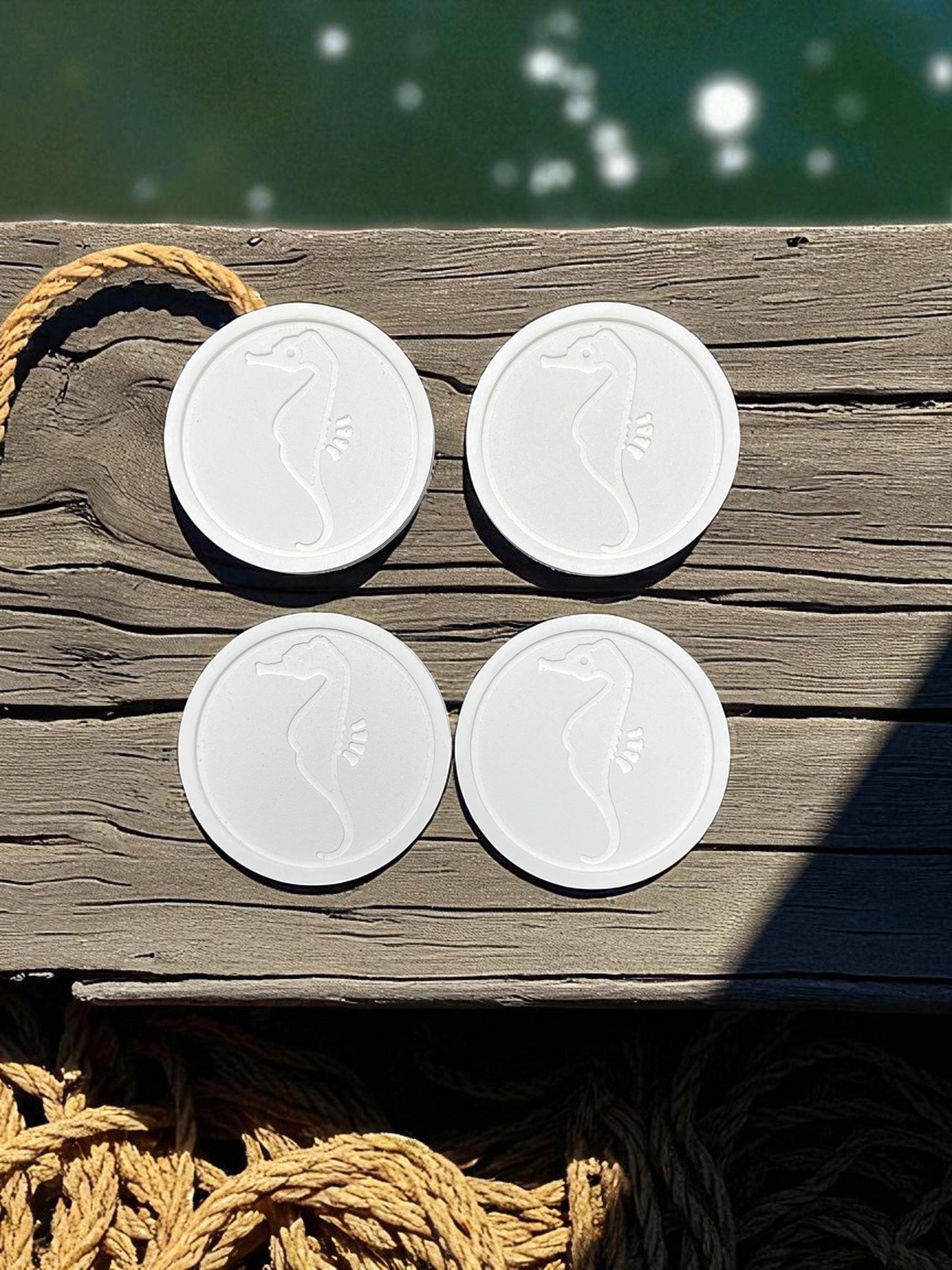 Seahorse Coasters Set of 4 – Indoor Outdoor PVC Coasters, Carved Seahorse Design, Coastal Beach House Decor, Nautical Drink Coasters