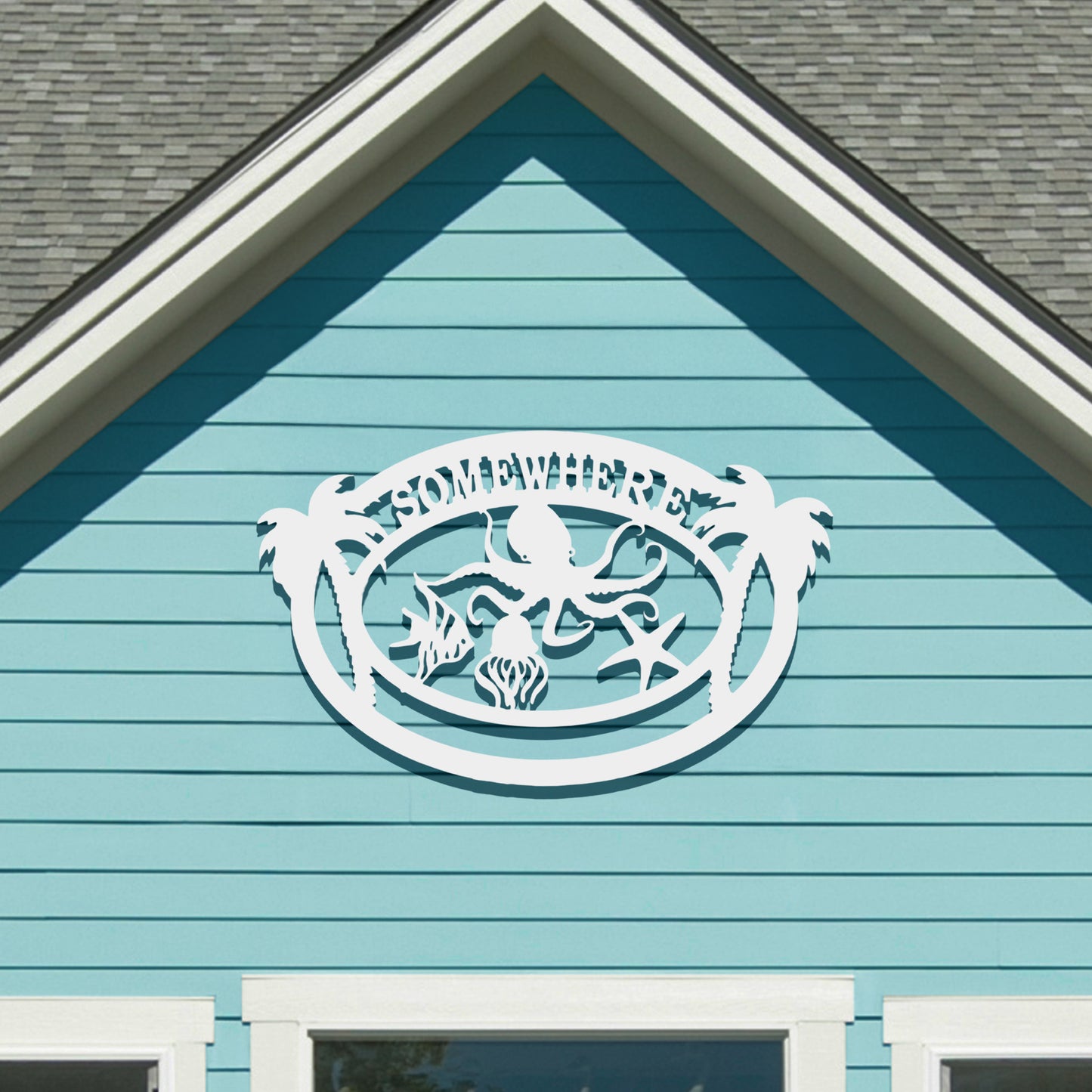 Coastal Beach House Decor, Somewhere Outdoor PVC Wall Art with Octopus Palm Trees Sea Life, Nautical Decoration for Home, Garage, or Shed, 3 Foot