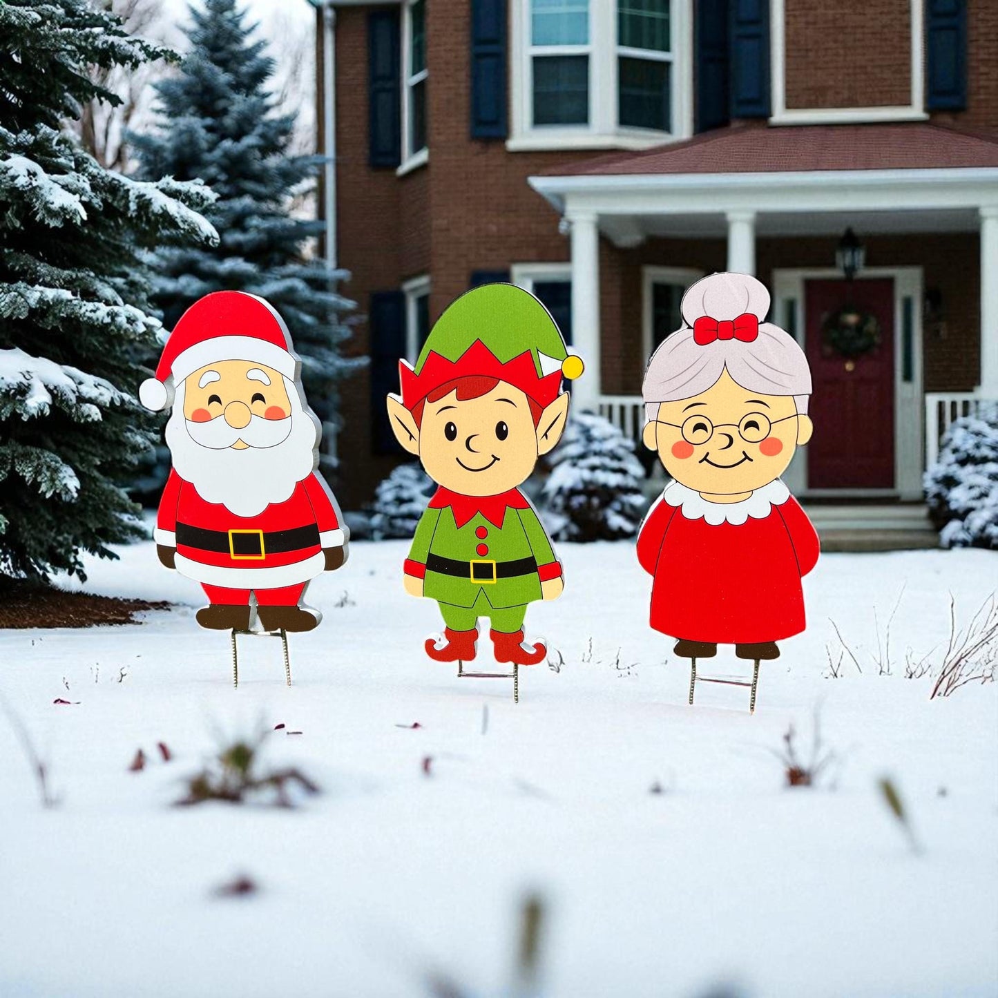 Christmas Yard Stakes Set of 3 – 12” Santa, Elf & Mrs. Claus, Outdoor Holiday Lawn Decorations, Weatherproof PVC