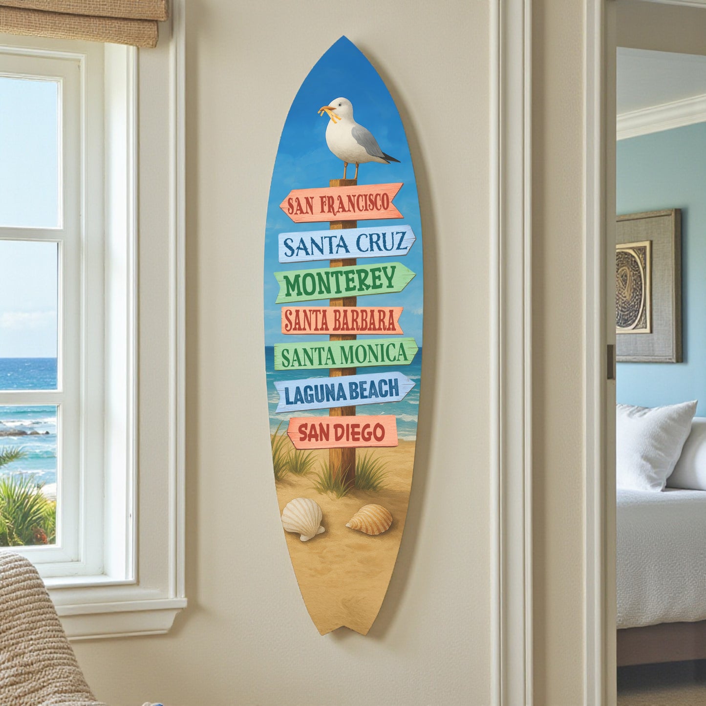 California Surfboard Wall Art - Beach Towns Sign, Indoor Outdoor PVC Coastal Décor