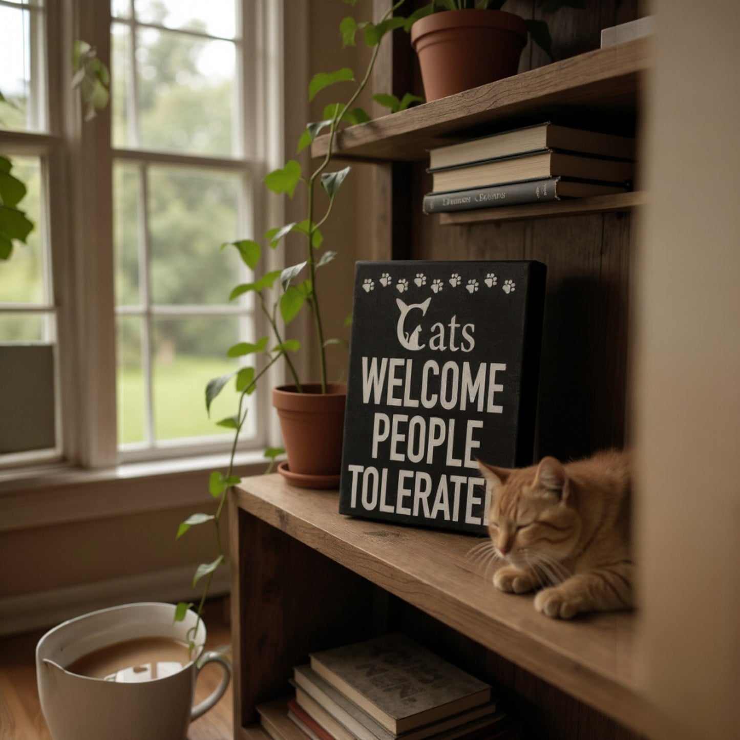 JennyGems Cats Welcome People Tolerated Sign – Funny Cat Lover Gift for Women and Men Rustic Wooden Wall Shelf Decor - Cat Wall Art for Home Farmhouse and Christmas Gift