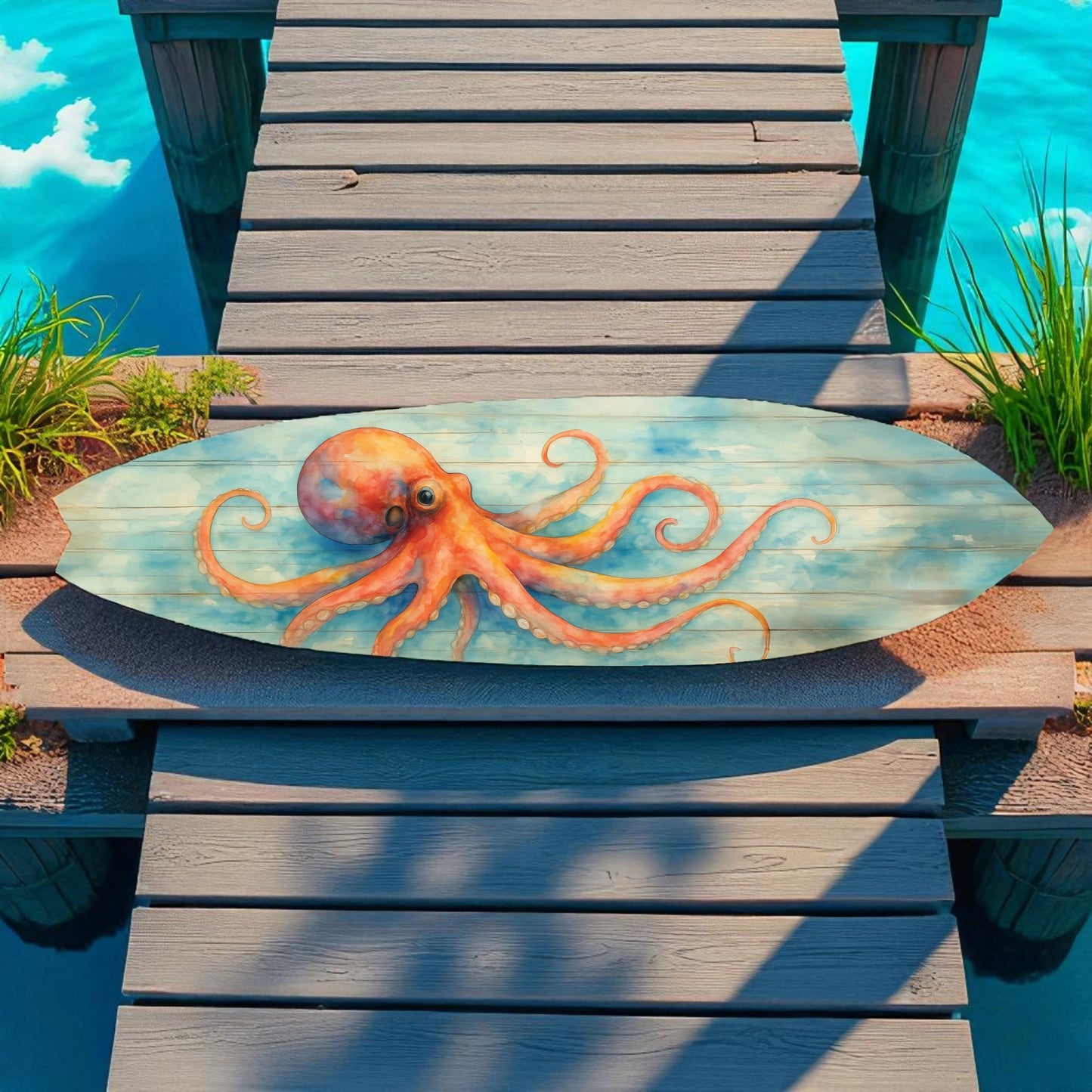 Octopus Surfboard Wall Art – Coastal Nautical Decor, PVC Outdoor Beach Sign, Ocean Lover Gift, Octopus Decoration, 3 - 5 Feet