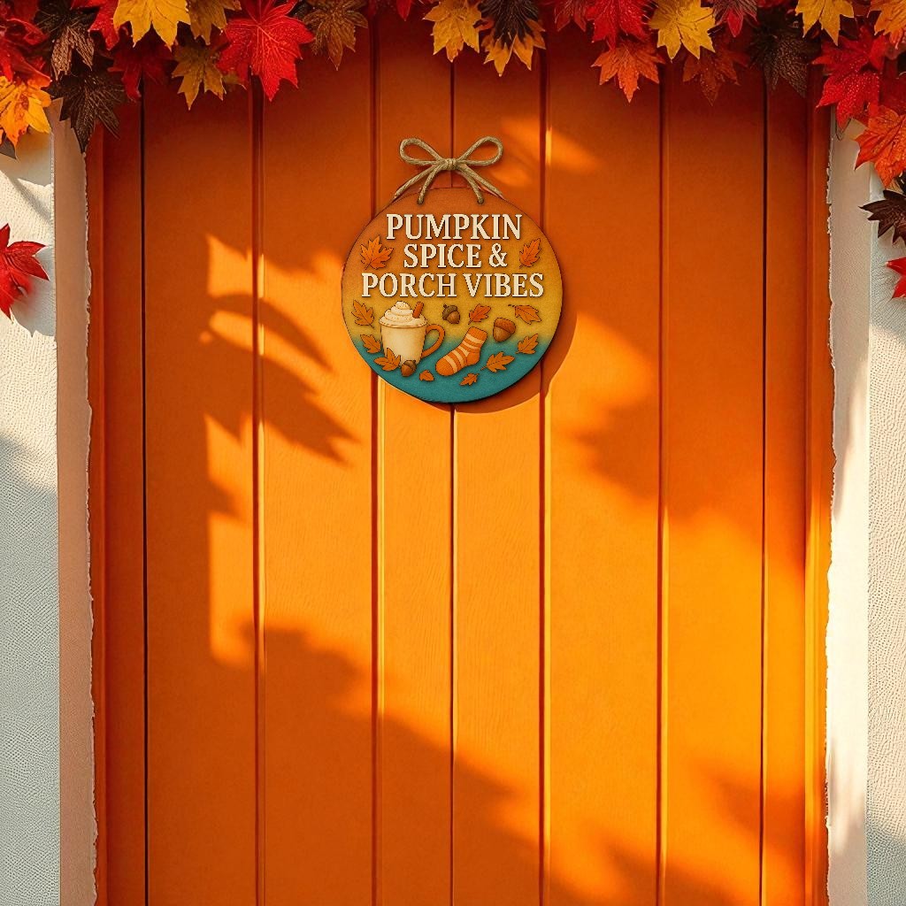 Pumpkin Spice and Porch Vibes Sign – Round Fall Front Door Hanger, Autumn Porch Decor, Outdoor Weather-Resistant PVC Decoration, 16 Inch