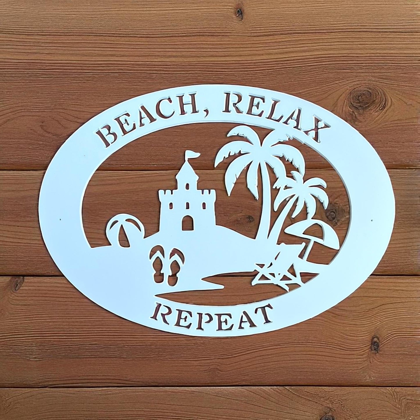 Beach House Sign – Beach Relax Repeat PVC Wall Art, Coastal Outdoor Decor, 36x24 Sandcastle Sign