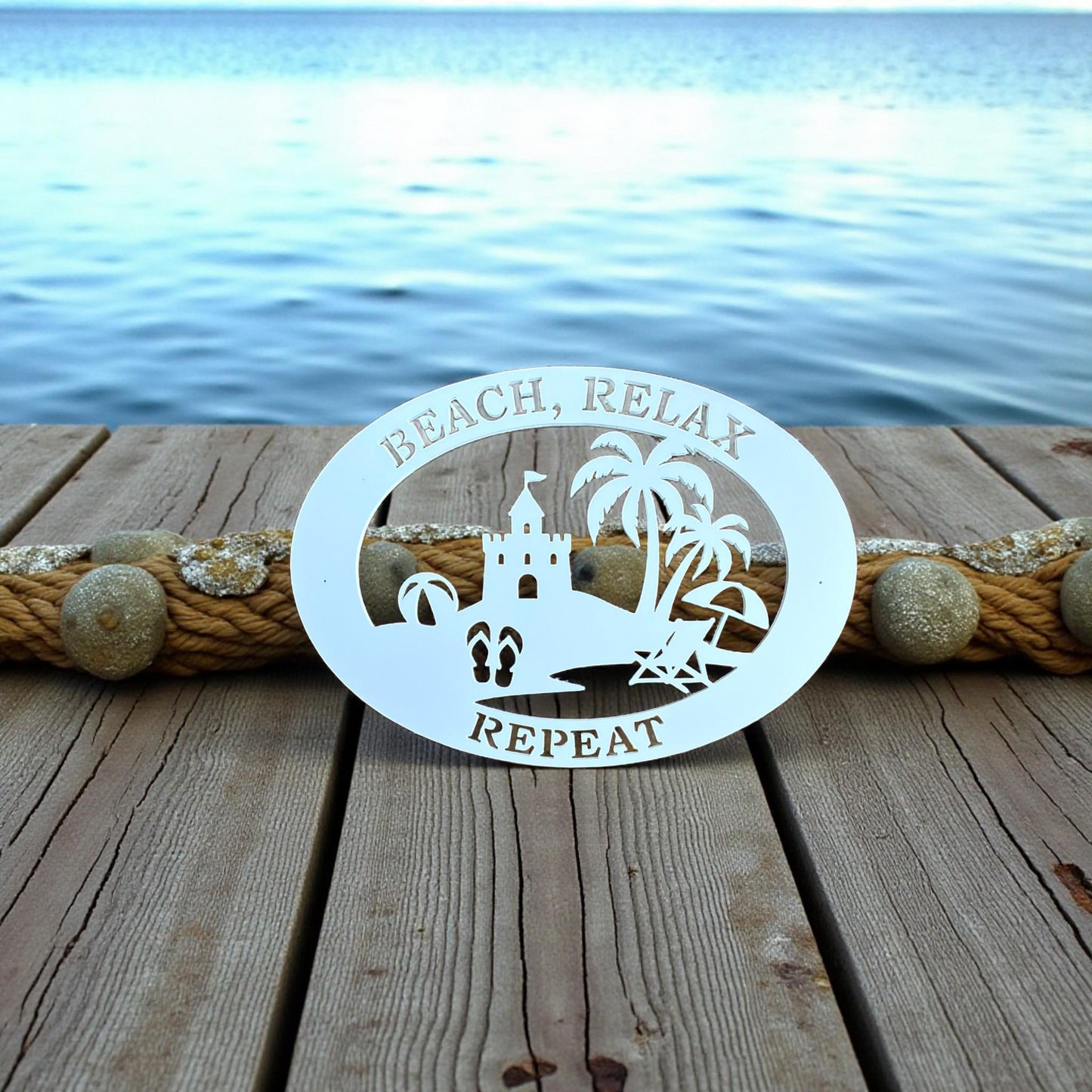 Beach House Sign – Beach Relax Repeat PVC Wall Art, Coastal Outdoor Decor, 36x24 Sandcastle Sign