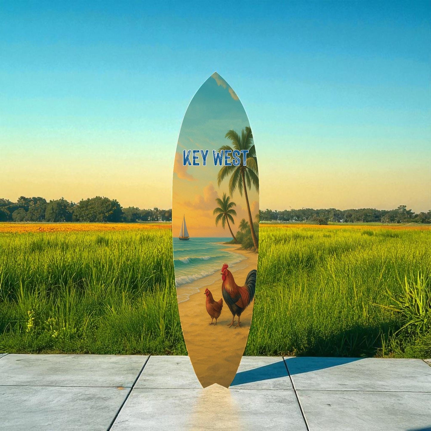 Key West Surfboard Wall Art – Chickens on the Beach Coastal Decor, Beach House Sign, Key West Gift, Outdoor Indoor PVC Surfboard, 3 - 5 Feet