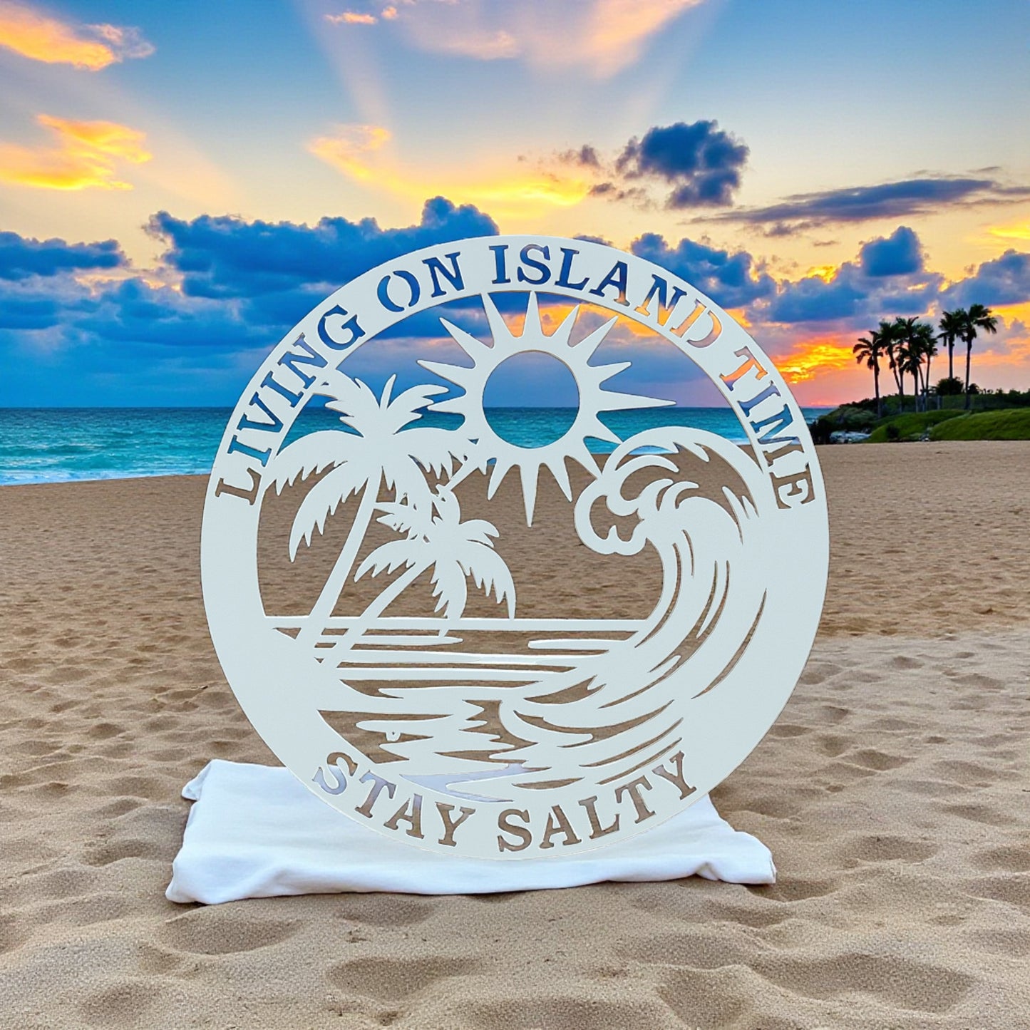 Living on Island Time Stay Salty Sign – 3 Ft Round PVC Outdoor Beach House Wall Art, Coastal Decor, Tropical Wave & Palm Tree