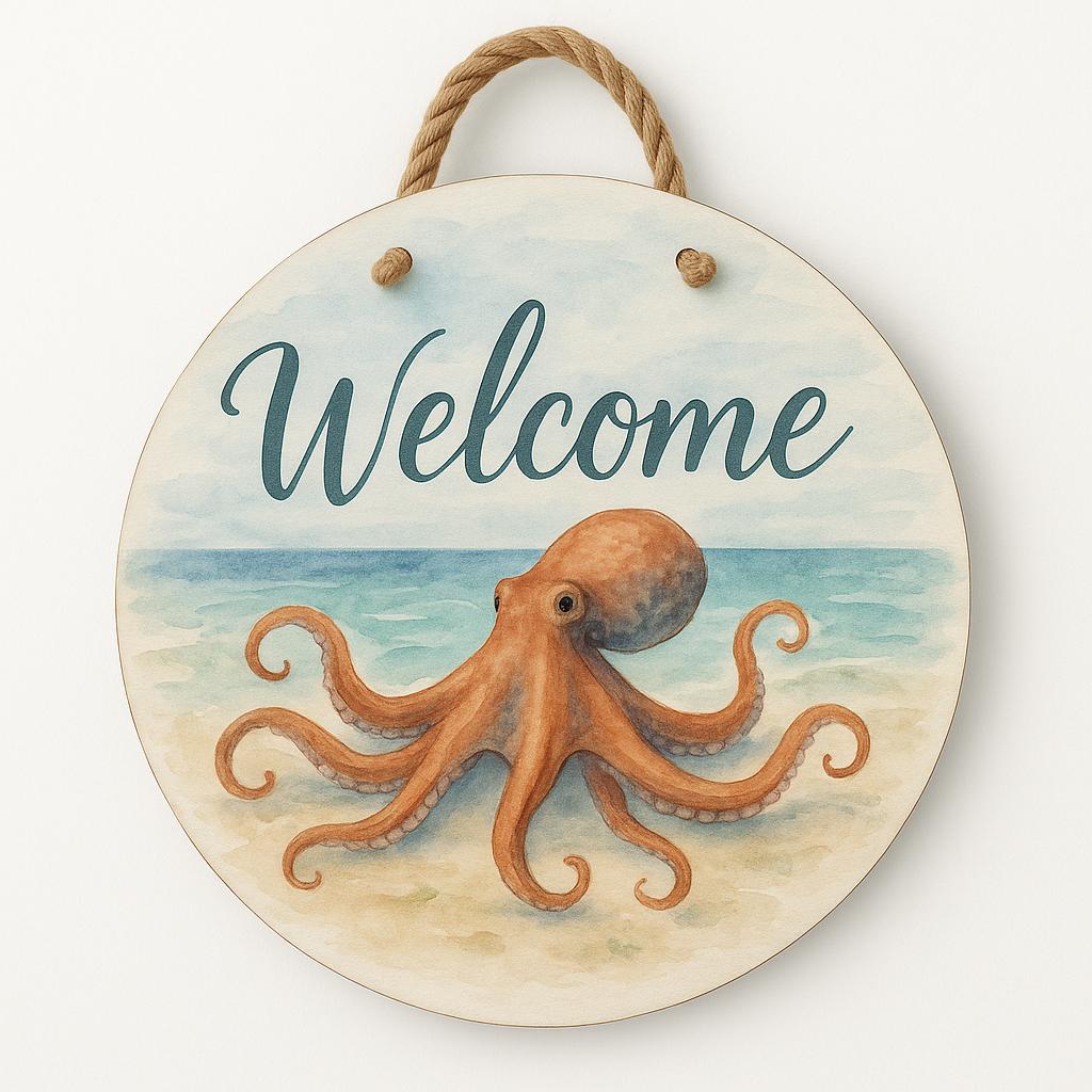 Octopus Welcome Door Hanger – 16" Round Nautical Beach Decor – Coastal PVC Sign with Rope – Outdoor Ocean Porch Wall Art