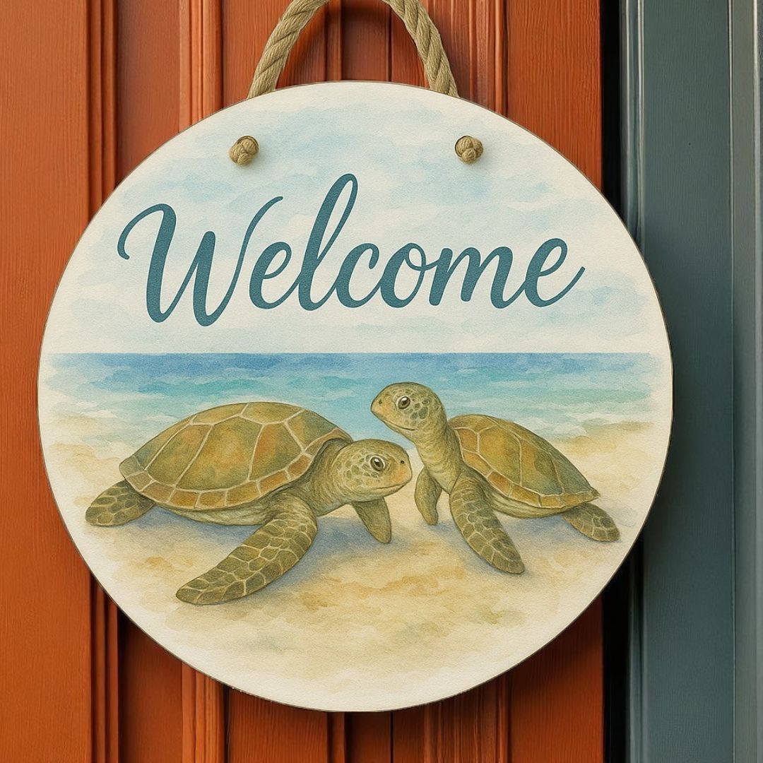 Turtle Front Door Welcome Sign – Nautical Beach Wreath Wall Hanging, Waterproof PVC Outdoor Decor, Coastal Porch Decoration, 16” Round