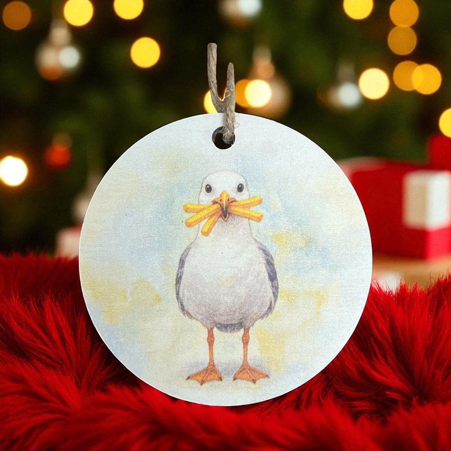 Seagull with French Fries Christmas Ornament – Coastal Beach Holiday Décor, 4” Round PVC Ornament, Nautical Tree Decoration
