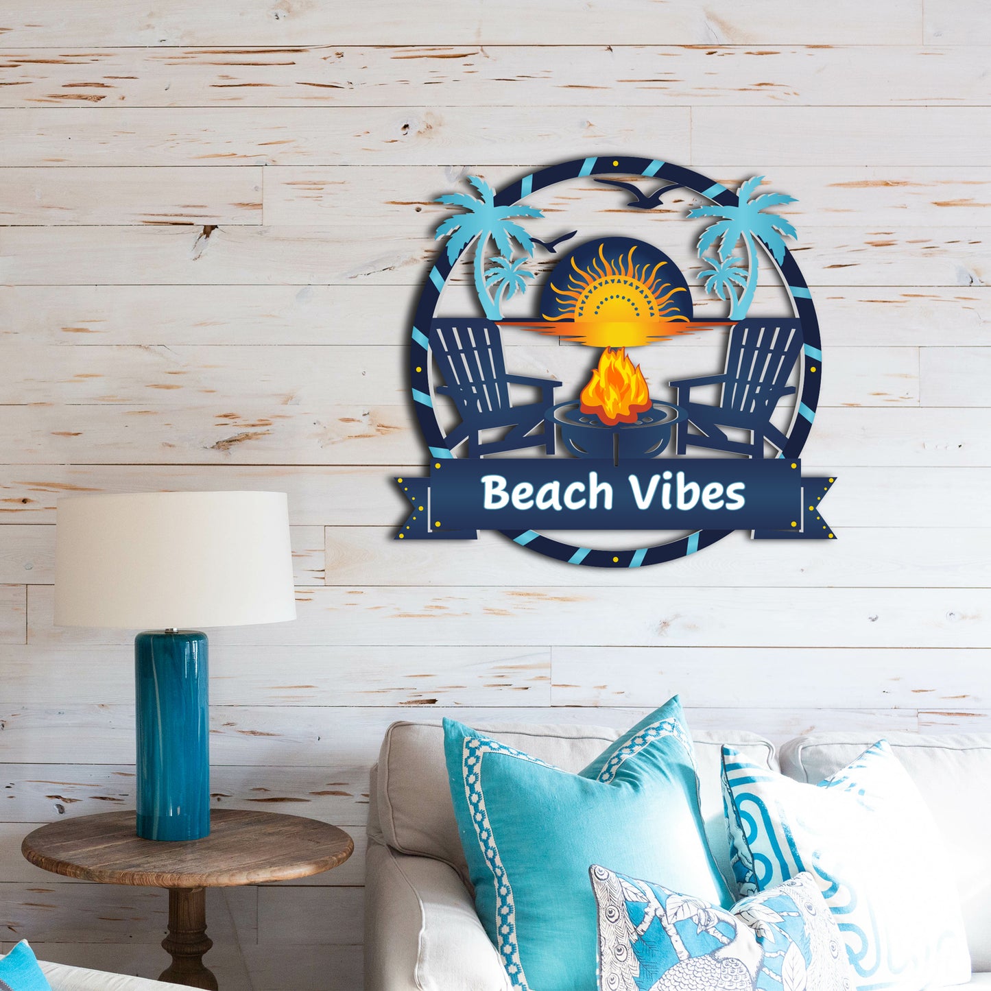 Outdoor Beach Vibes Sign – Round Premium PVC Beach House Decor with Palm Trees & Fire Pit – Weatherproof Coastal Wall Art for Home, Pool Area, Shed