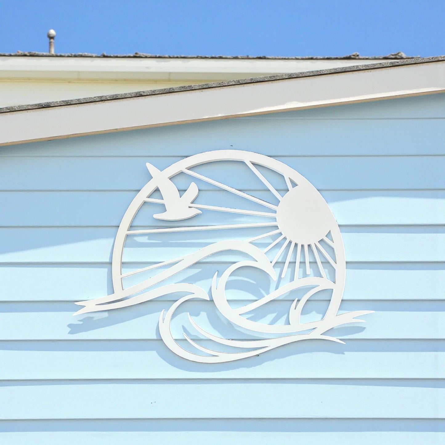 Sun & Waves Coastal Wall Art – 3 Ft PVC Beach House Sign, Seagull Ocean Decor, Nautical Outdoor/Indoor Wall Hanging