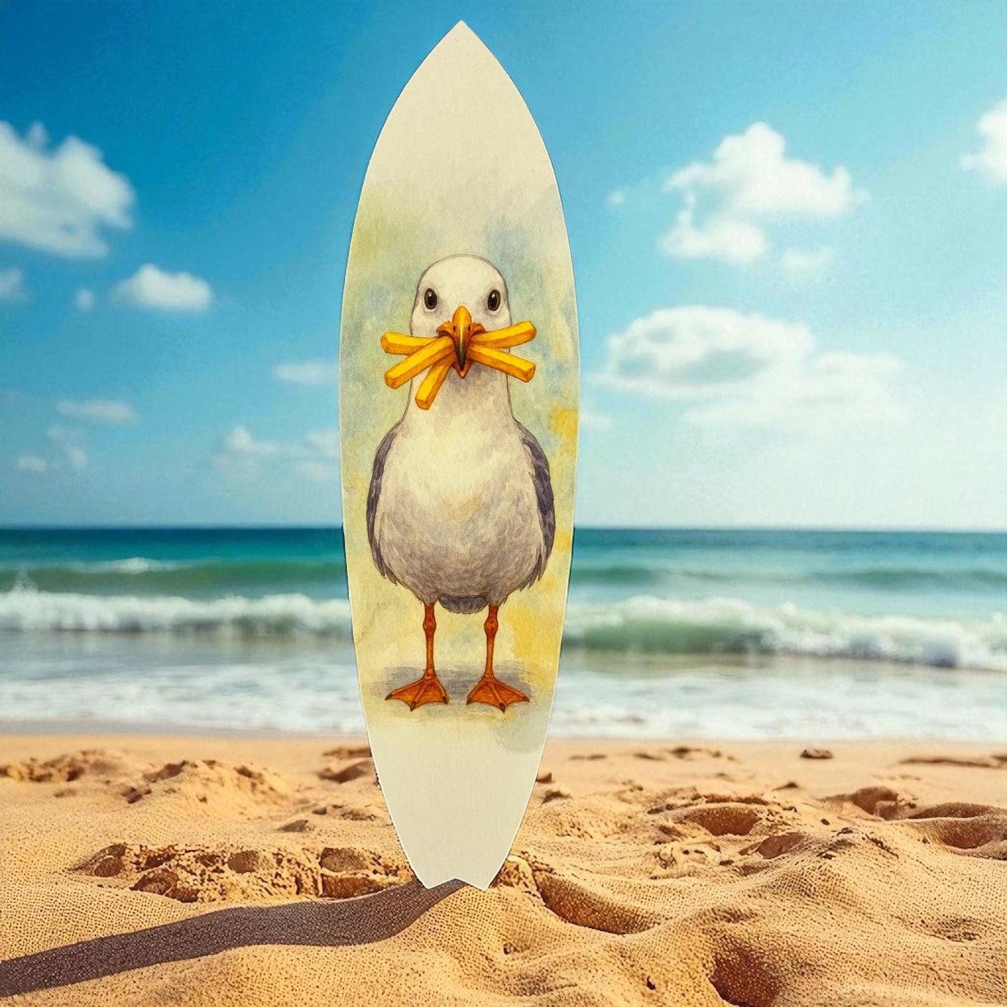 Funny Seagull Surfboard Wall Art – Outdoor Coastal Beach Decor, Seagull with Fries, PVC Surfboard Sign – 2ft to 5ft Sizes