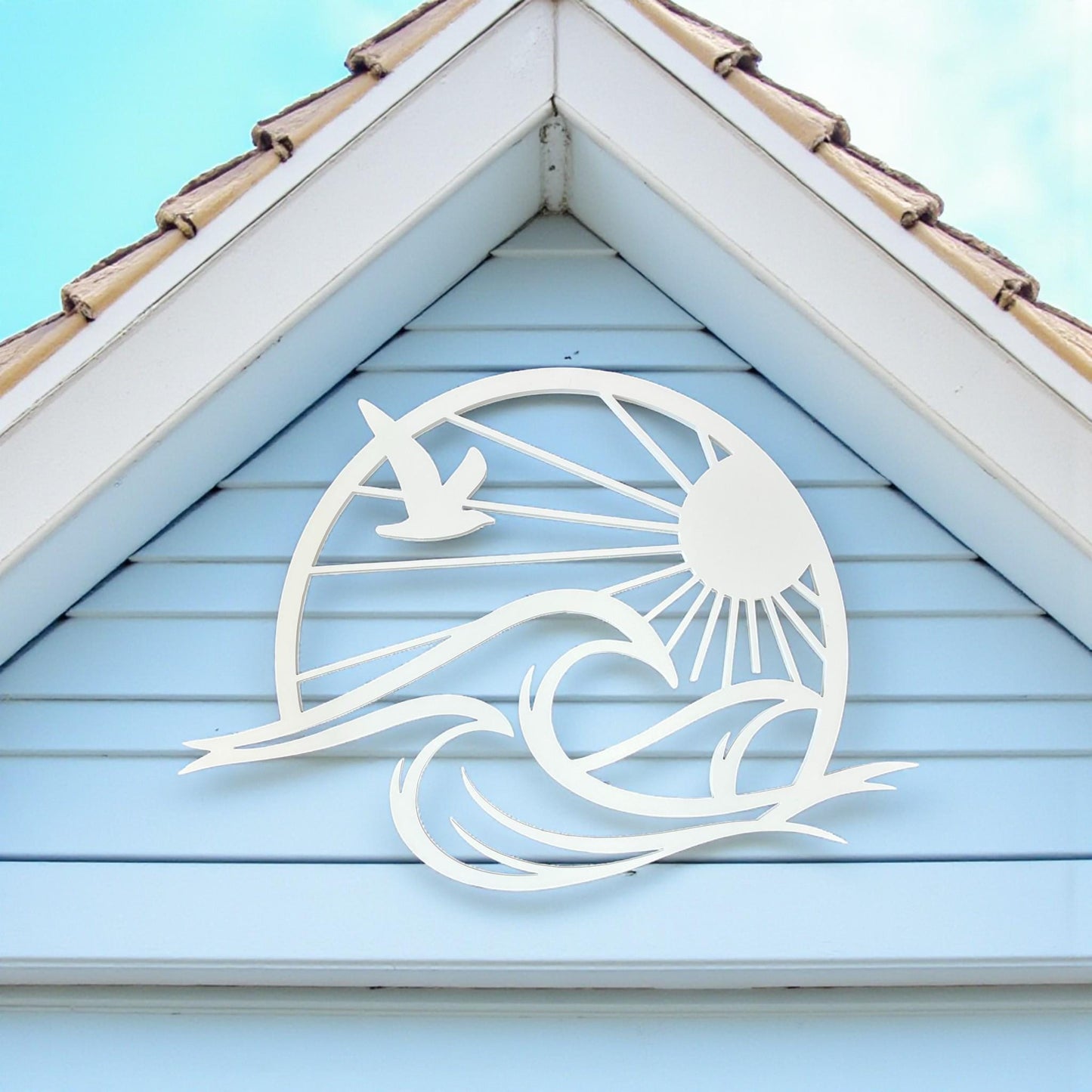 Sun & Waves Coastal Wall Art – 3 Ft PVC Beach House Sign, Seagull Ocean Decor, Nautical Outdoor/Indoor Wall Hanging