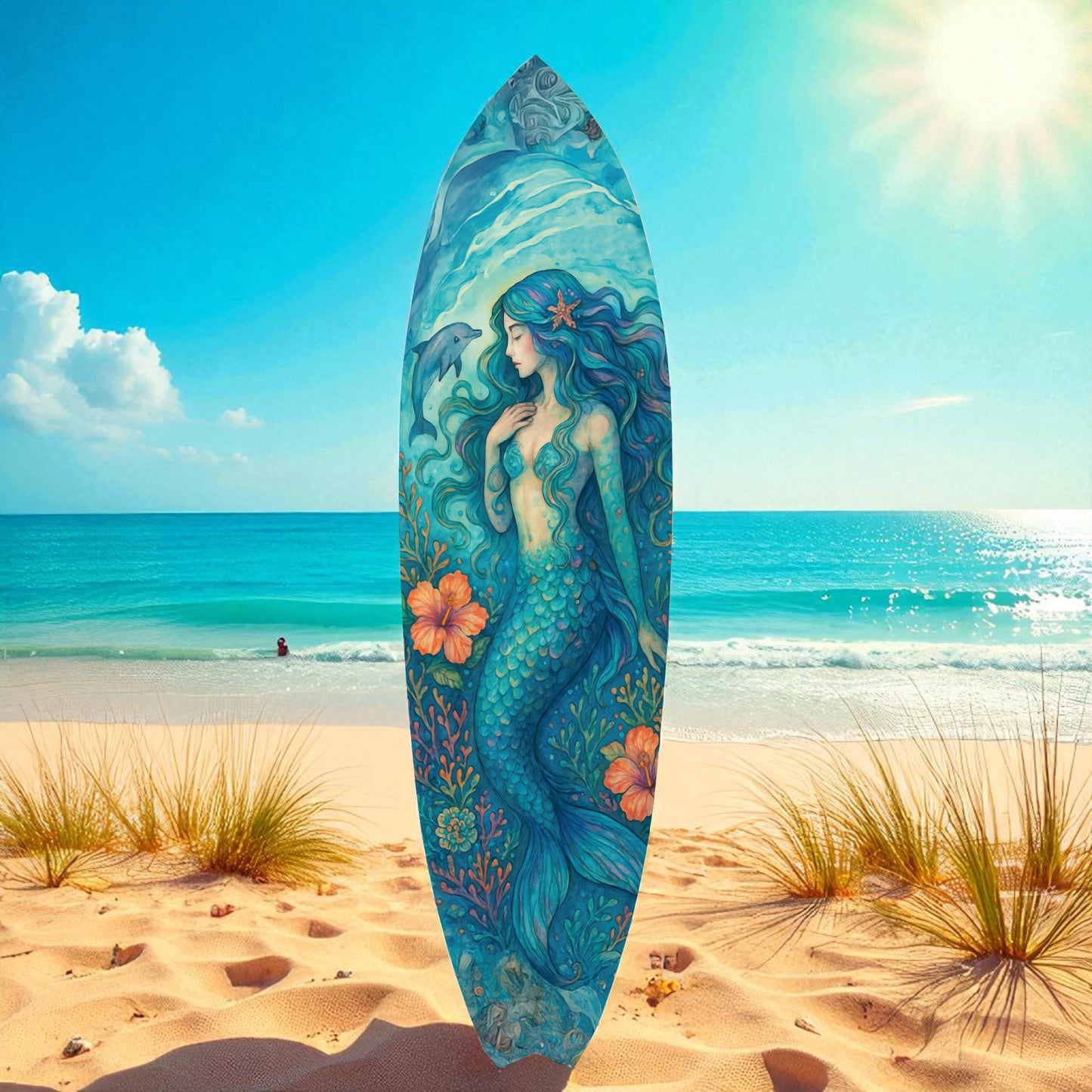 JennyGems Mermaid Surfboard Wall Art | Coastal PVC Beach House Decor | Indoor Outdoor Porch Patio Pool | Nautical Watercolor Mermaid | 2 to 5 ft