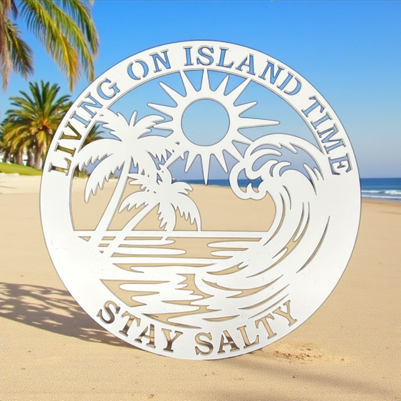Living on Island Time Stay Salty Sign – 3 Ft Round PVC Outdoor Beach House Wall Art, Coastal Decor, Tropical Wave & Palm Tree