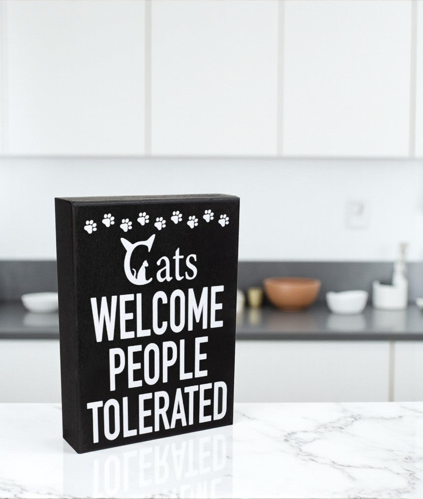 JennyGems Cats Welcome People Tolerated Sign – Funny Cat Lover Gift for Women and Men Rustic Wooden Wall Shelf Decor - Cat Wall Art for Home Farmhouse and Christmas Gift