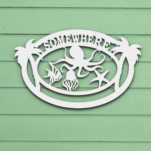 Coastal Beach House Decor, Somewhere Outdoor PVC Wall Art with Octopus Palm Trees Sea Life, Nautical Decoration for Home, Garage, or Shed, 3 Foot