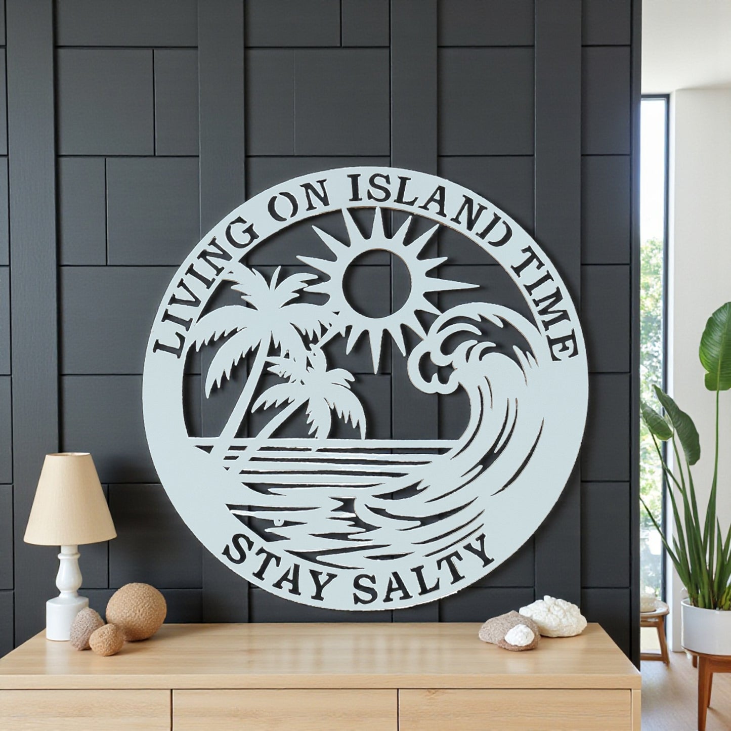 Living on Island Time Stay Salty Sign – 3 Ft Round PVC Outdoor Beach House Wall Art, Coastal Decor, Tropical Wave & Palm Tree