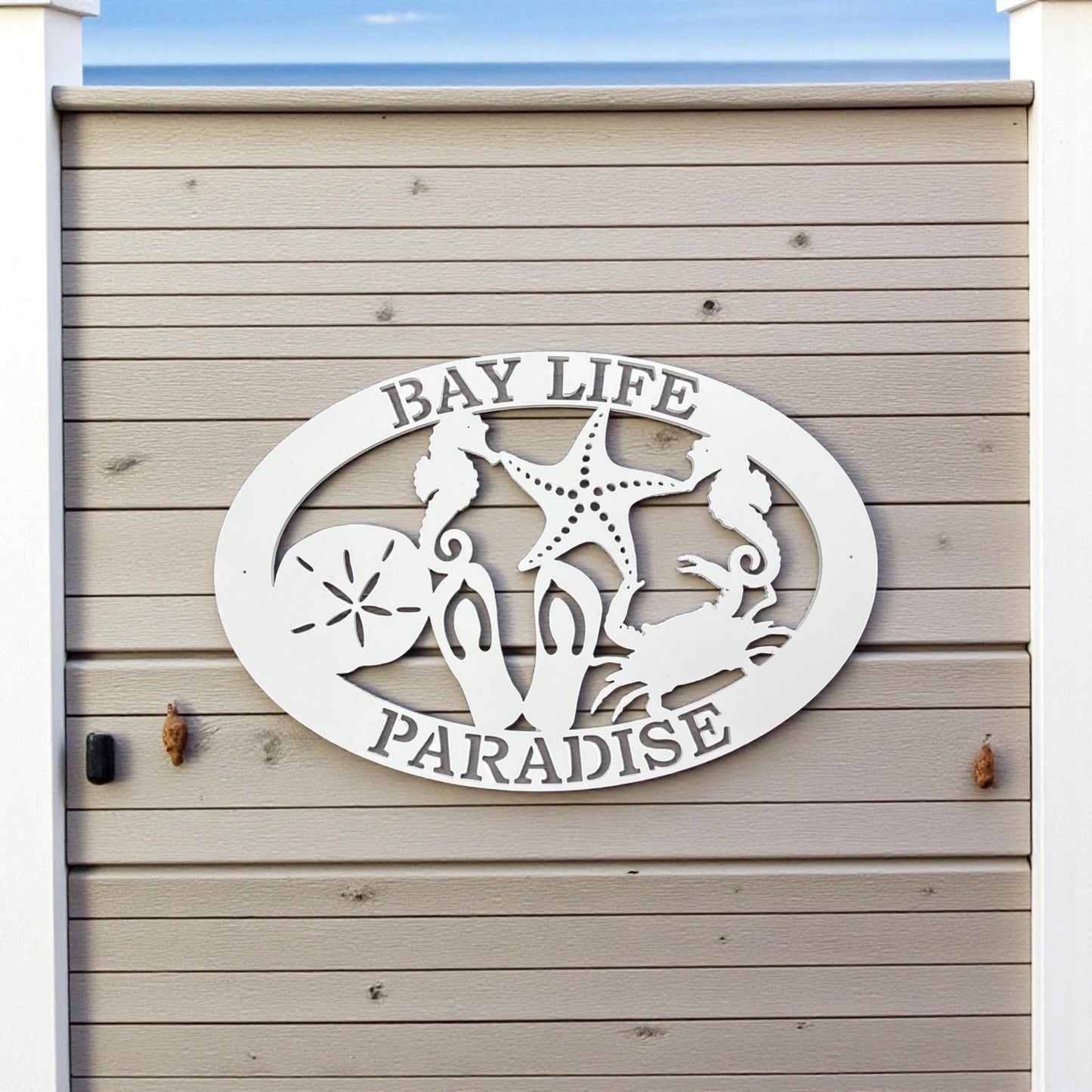 Bay Life Paradise Sign – Coastal Wall Art, PVC Beach House Decor, Nautical Outdoor Sign, 36x24 Inches