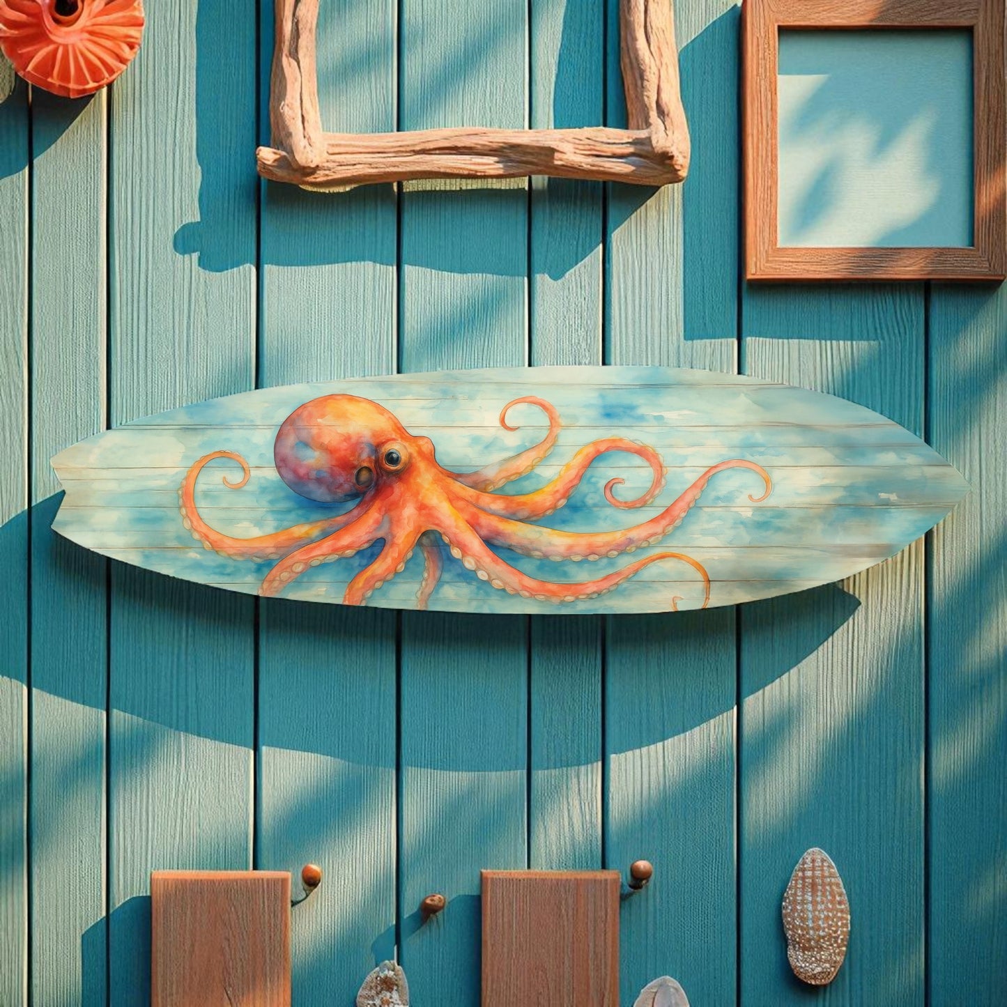 Octopus Surfboard Wall Art – Coastal Nautical Decor, PVC Outdoor Beach Sign, Ocean Lover Gift, Octopus Decoration, 3 - 5 Feet