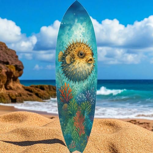 Outdoor Pufferfish Surfboard Wall Art – Coastal Beach House Decor, Vibrant Ocean-Themed, PVC Tropical Fish Surfboard Sign, 3 - 5 Feet