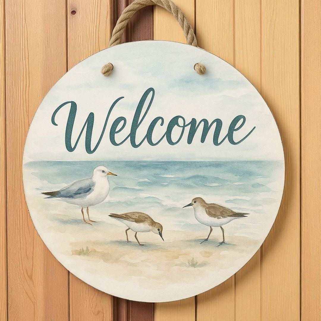 Welcome Coastal Birds Front Door Sign – Nautical Beach Wreath Wall Hanging, Waterproof PVC Outdoor Decor, Ocean Seaside Porch Decoration