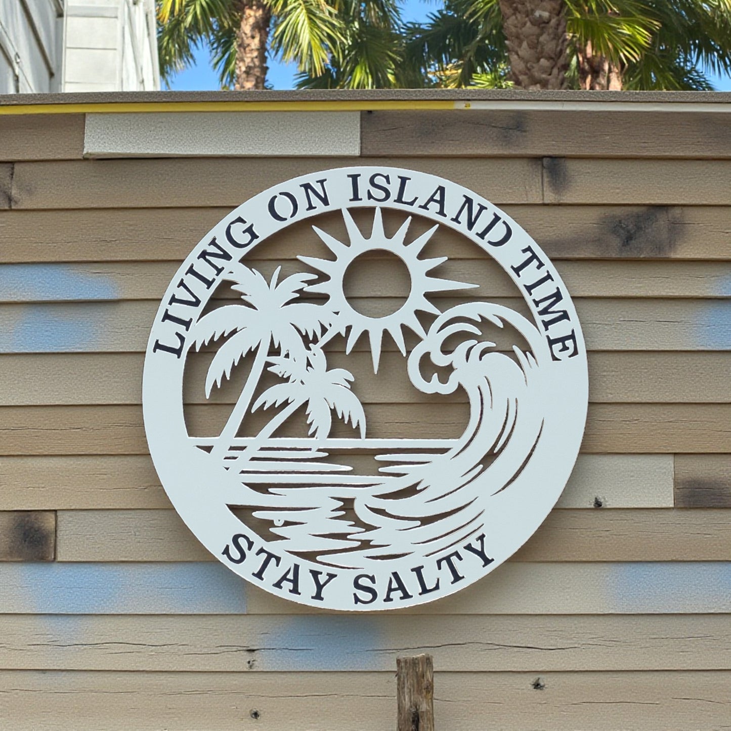 Living on Island Time Stay Salty Sign – 3 Ft Round PVC Outdoor Beach House Wall Art, Coastal Decor, Tropical Wave & Palm Tree