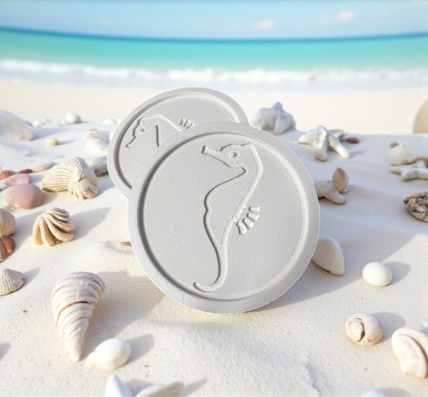 Seahorse Coasters Set of 4 – Indoor Outdoor PVC Coasters, Carved Seahorse Design, Coastal Beach House Decor, Nautical Drink Coasters