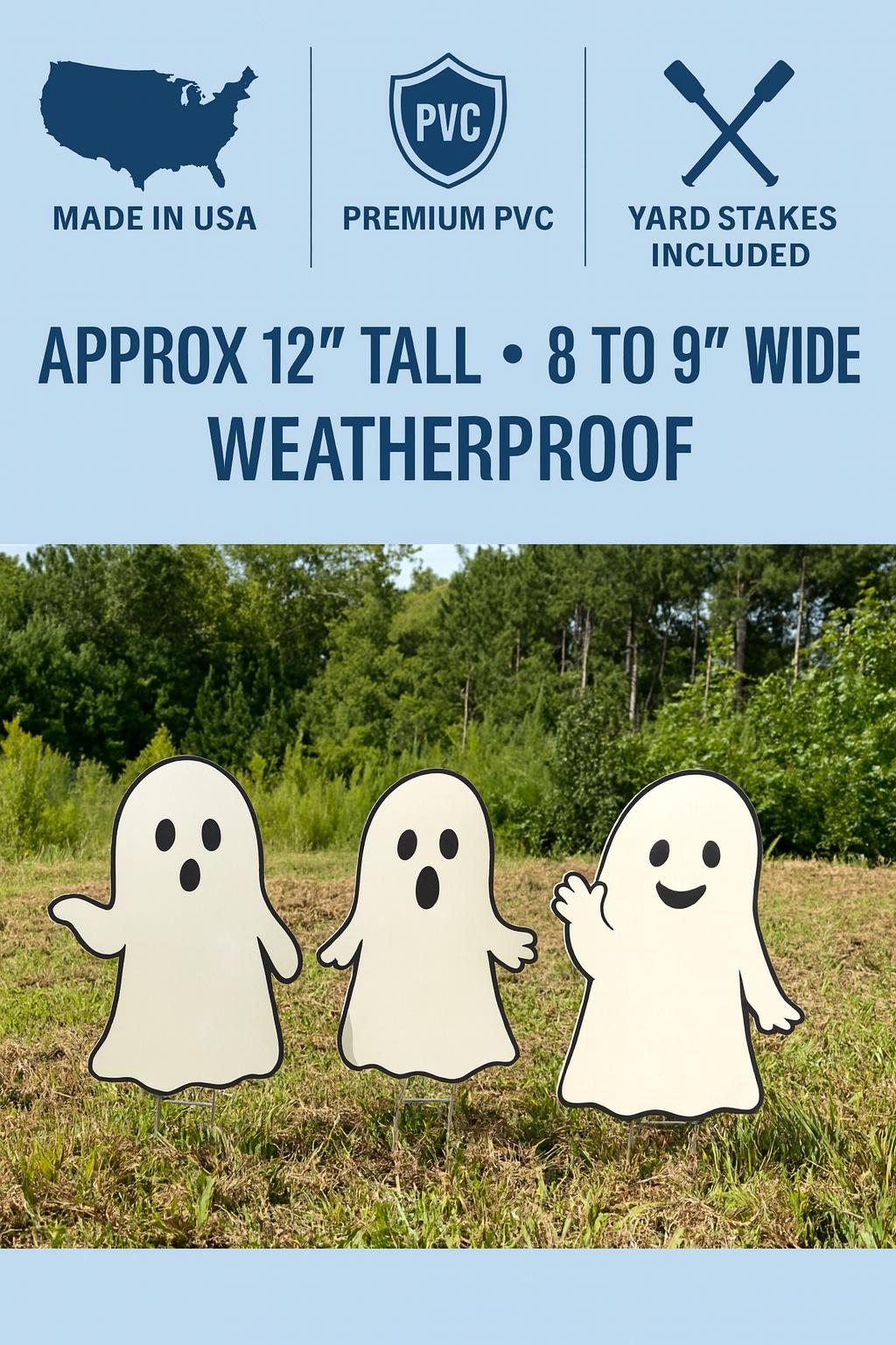 Set of 3 Halloween Ghost Yard Stakes – 12" Outdoor PVC Decorations, Cute Fall Lawn Ornaments, Weatherproof Halloween Yard Décor