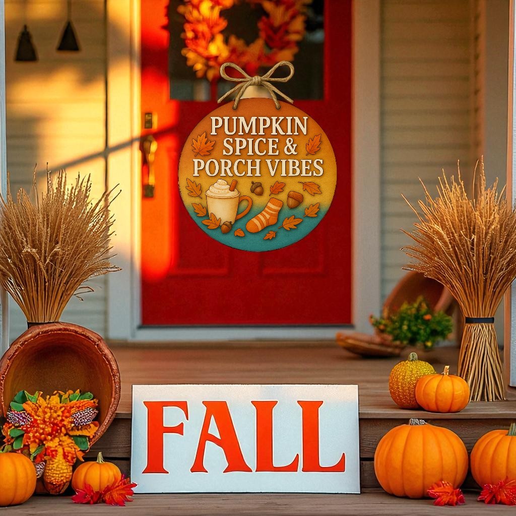 Pumpkin Spice and Porch Vibes Sign – Round Fall Front Door Hanger, Autumn Porch Decor, Outdoor Weather-Resistant PVC Decoration, 16 Inch