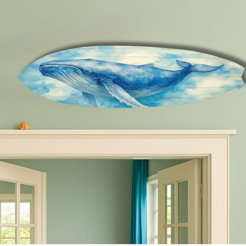 Humpback Whale Surfboard Wall Art – Nautical Decor, Beach House Sign, Watercolor Whale Art, Indoor Outdoor PVC Surfboard Decoration, 3 - 5 Feet