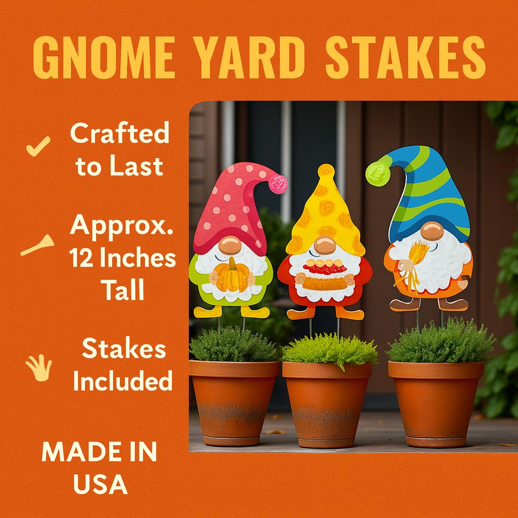 Fall Gnome Yard Stakes Set: PVC Autumn Porch Decor - Outdoor Fall Decorations - Made in USA