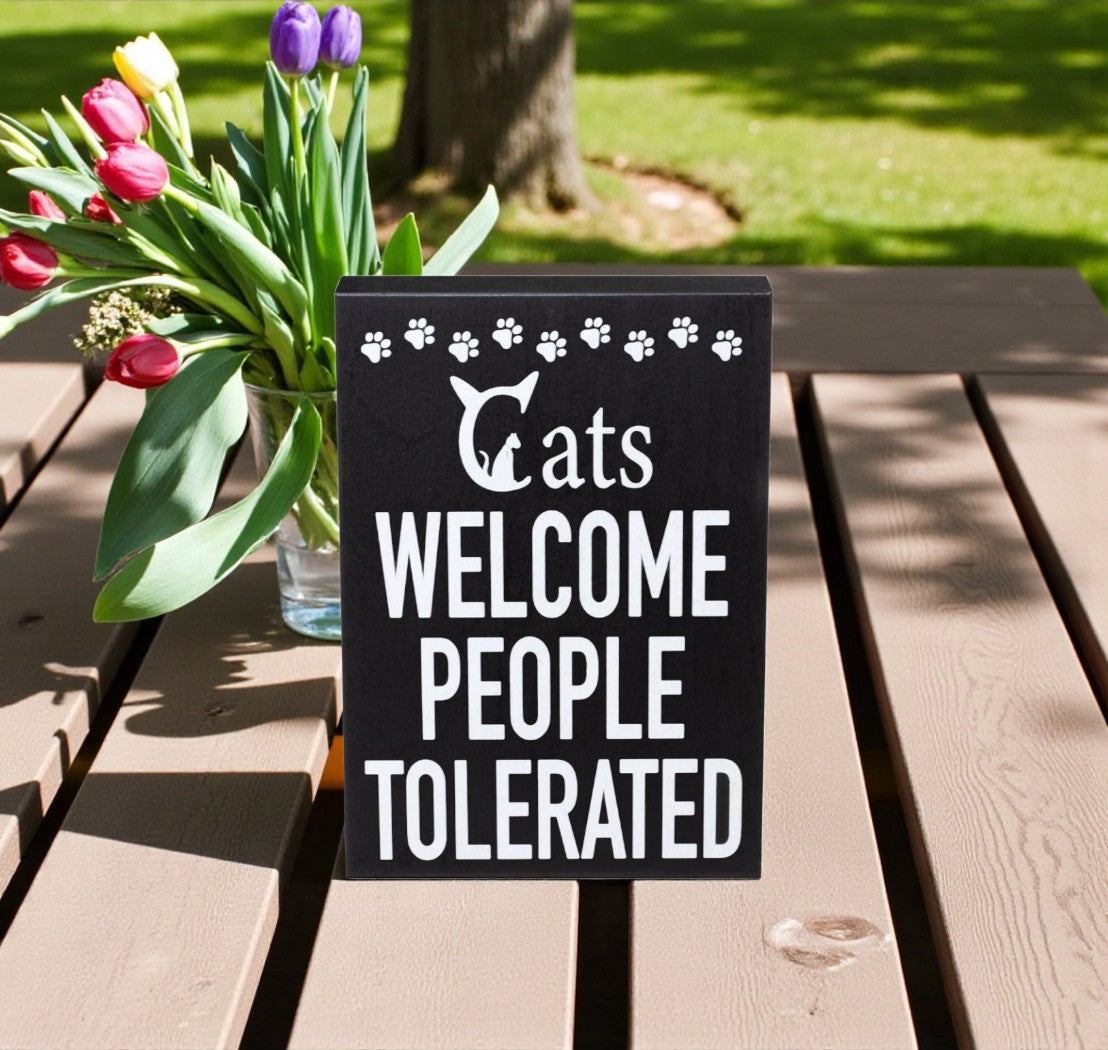 JennyGems Cats Welcome People Tolerated Sign – Funny Cat Lover Gift for Women and Men Rustic Wooden Wall Shelf Decor - Cat Wall Art for Home Farmhouse and Christmas Gift