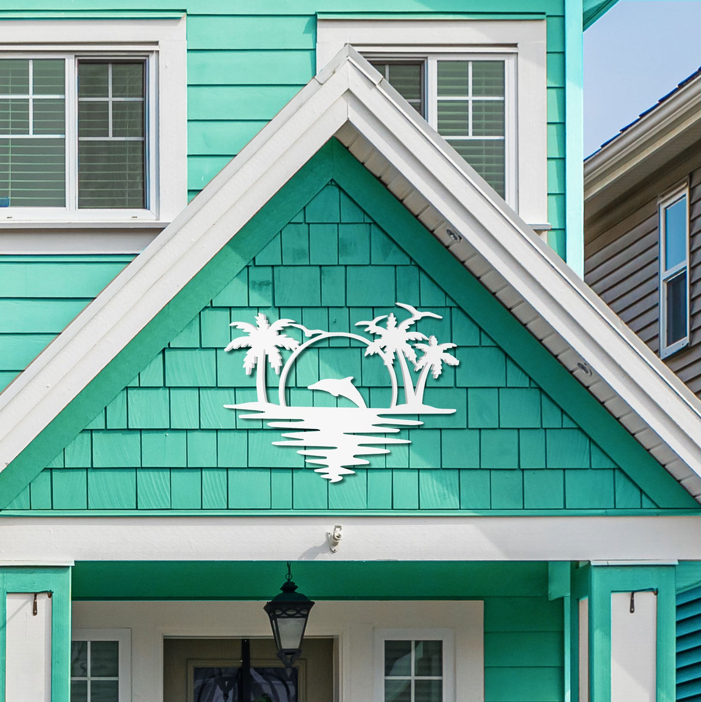 Outdoor Dolphin Wall Art, Coastal Wall Decor for Beach House, White PVC Dolphin Sign with Palm Trees Sunset, Nautical Ocean Decoration