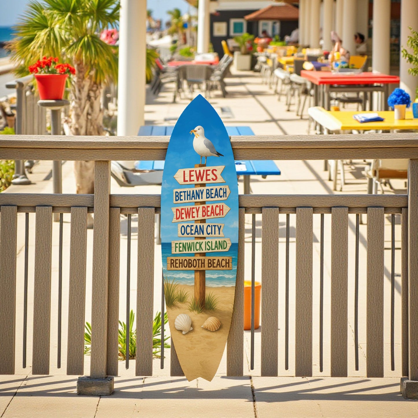 Delaware Beaches Surfboard Wall Art – Coastal Directional Sign with Lewes, Rehoboth, Bethany, Dewey, Fenwick & Ocean City, Nautical Beach