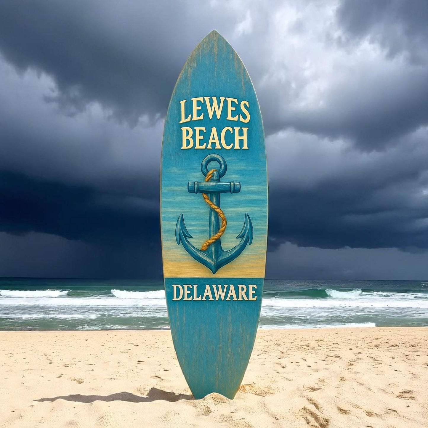Lewes Beach Delaware Surfboard Wall Art – Coastal PVC Sign for Porch or Beach House, Nautical Wall Decor, Weatherproof Outdoor Art