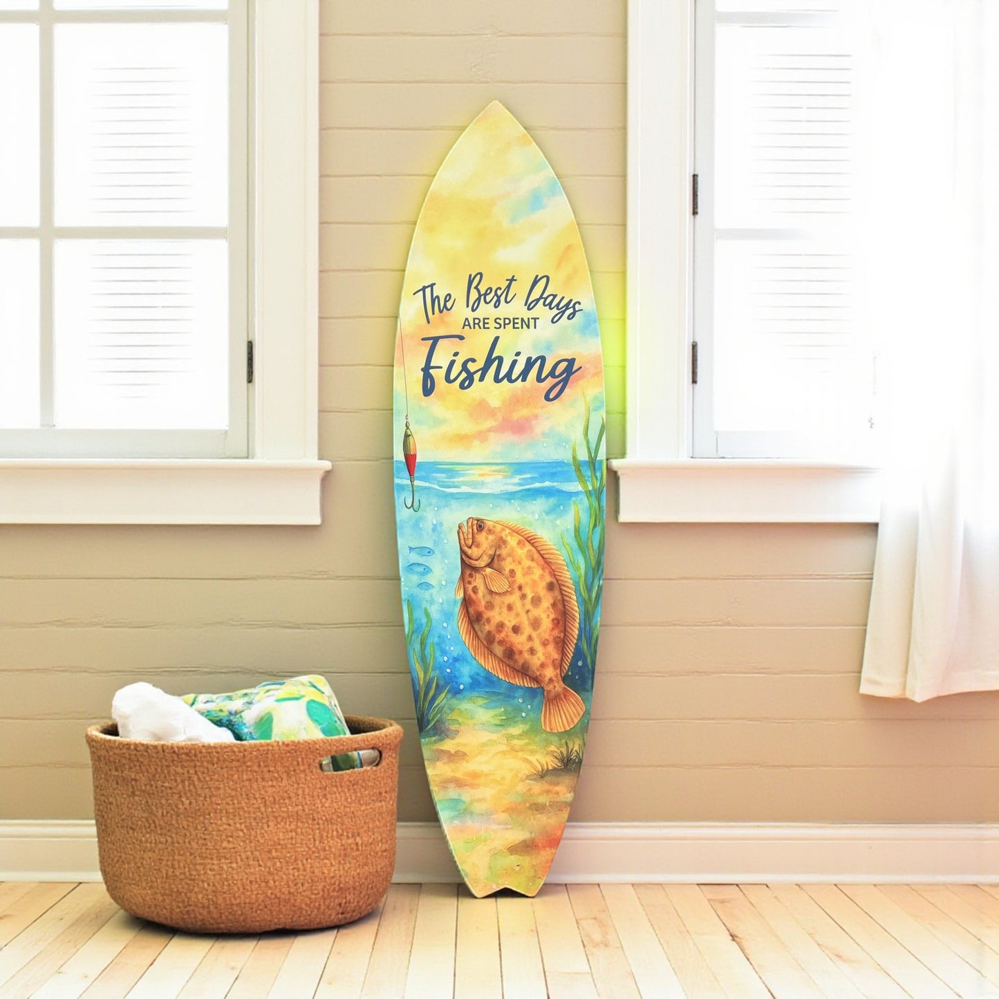 Fishing Surfboard Wall Art - Outdoor PVC Beach House Decor, The Best Days Are Spent Fishing, Coastal Surfboard Sign