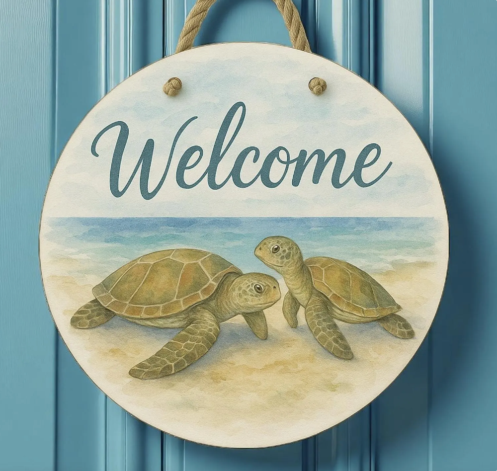 Turtle Front Door Welcome Sign – Nautical Beach Wreath Wall Hanging, Waterproof PVC Outdoor Decor, Coastal Porch Decoration, 16” Round