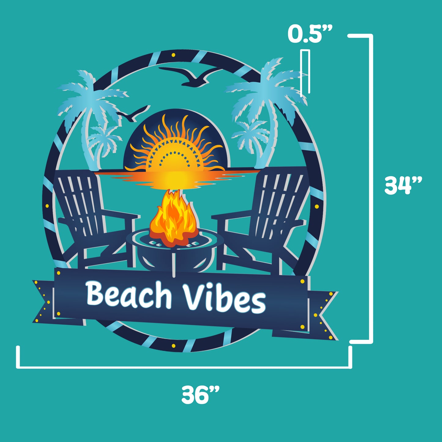 Outdoor Beach Vibes Sign – Round Premium PVC Beach House Decor with Palm Trees & Fire Pit – Weatherproof Coastal Wall Art for Home, Pool Area, Shed